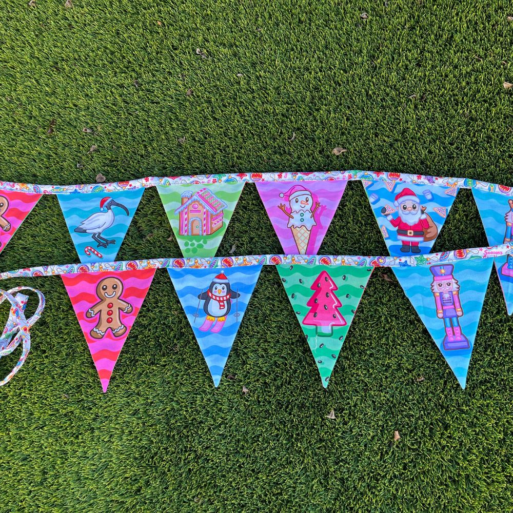 Christmas Bunting – 3m | Double-Sided | Featuring the Iconic QLD Bin Chicken