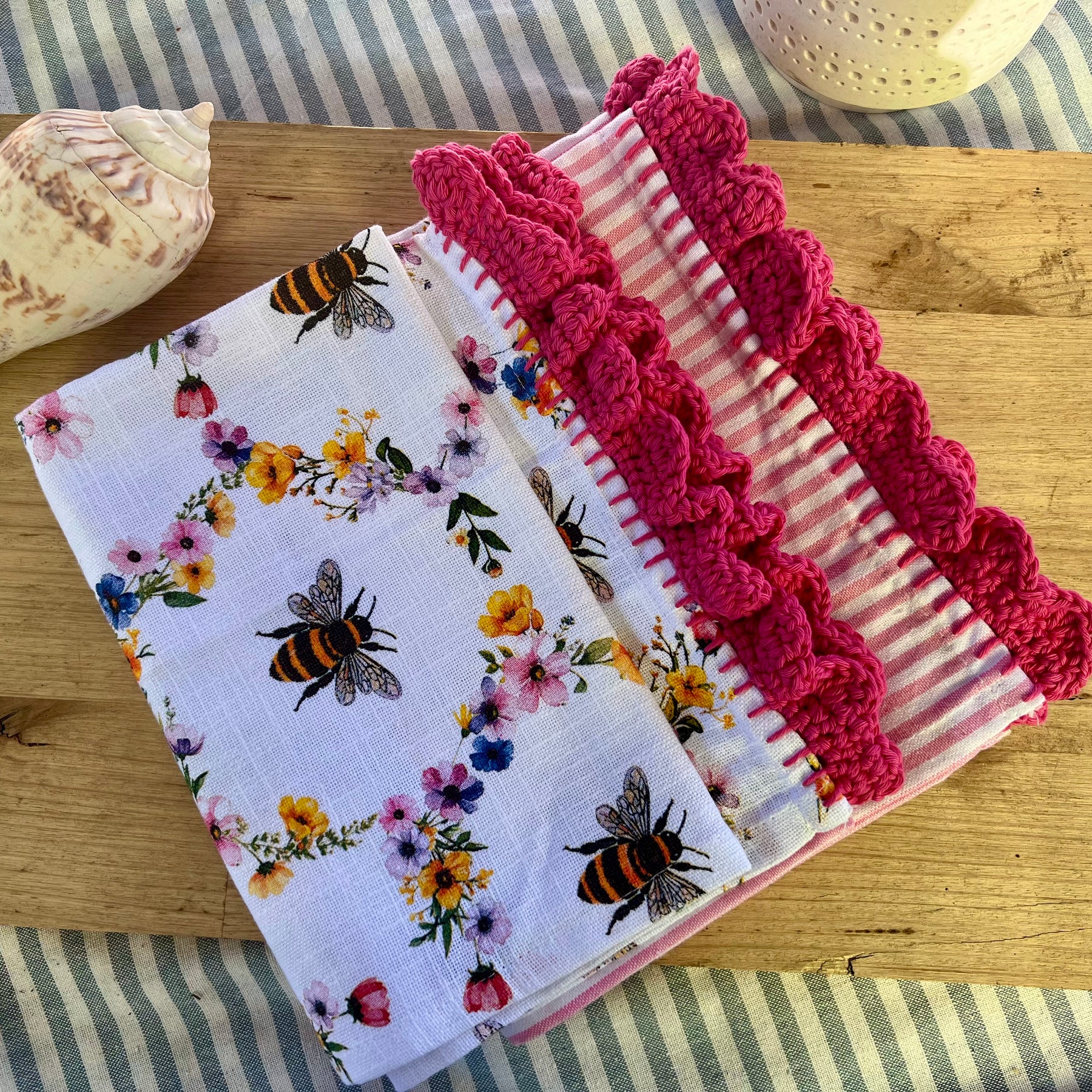 Cotton Tea Towel Set of 2 – Crochet Edge Kitchen Towels