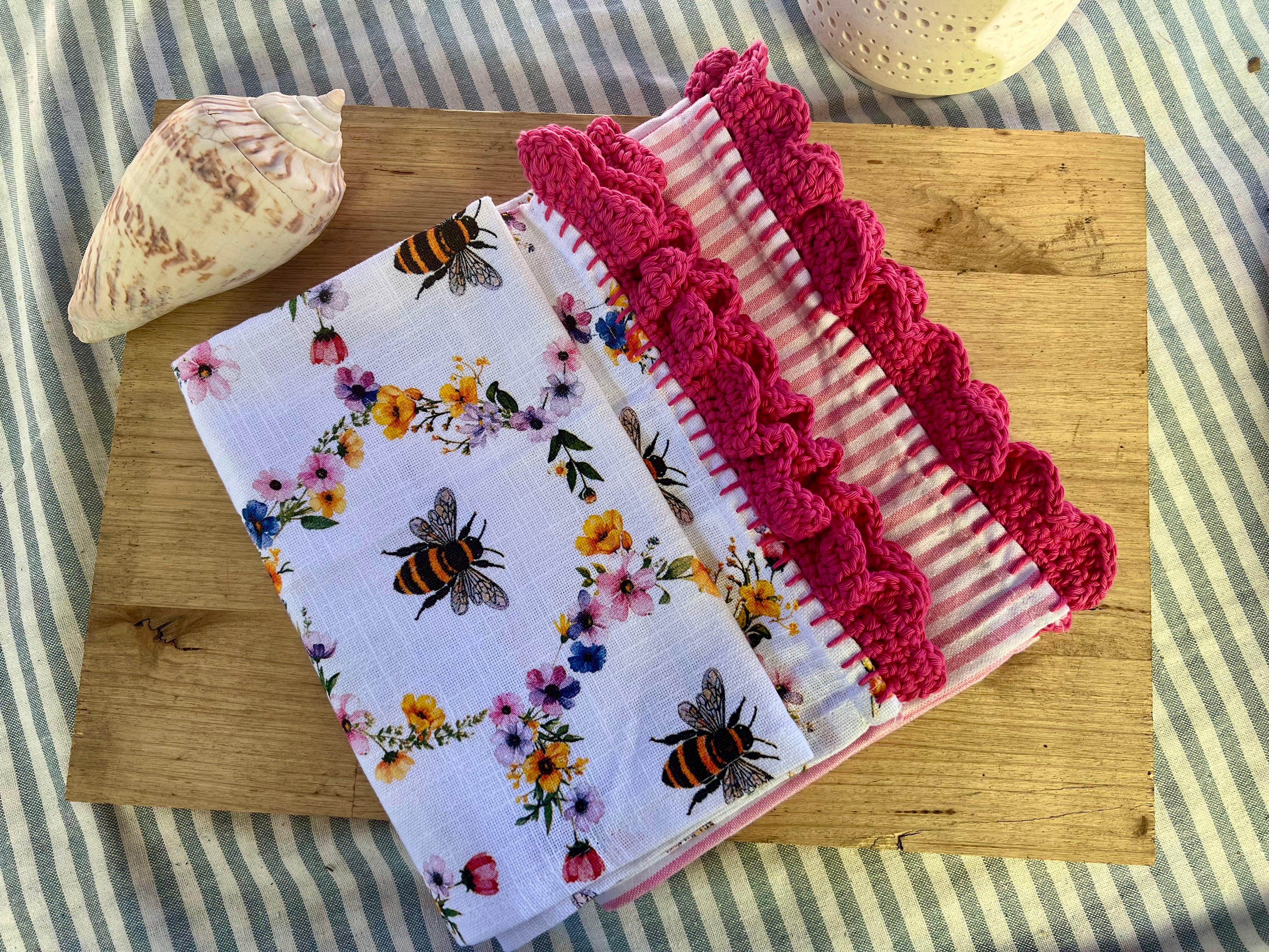 Cotton Tea Towel Set of 2 – Crochet Edge Kitchen Towels