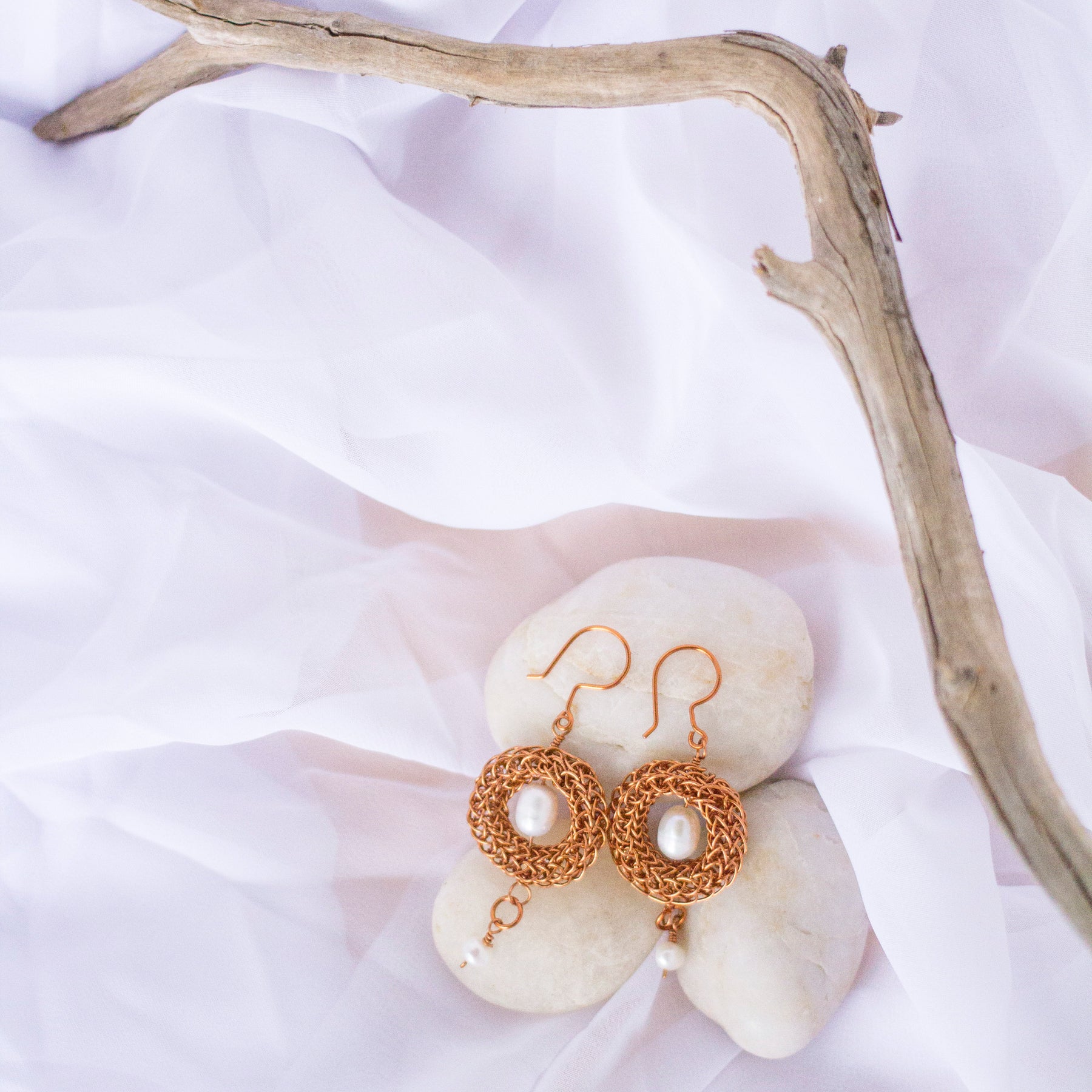 Copper Viking Wire Knit Earrings with Freshwater Pearls