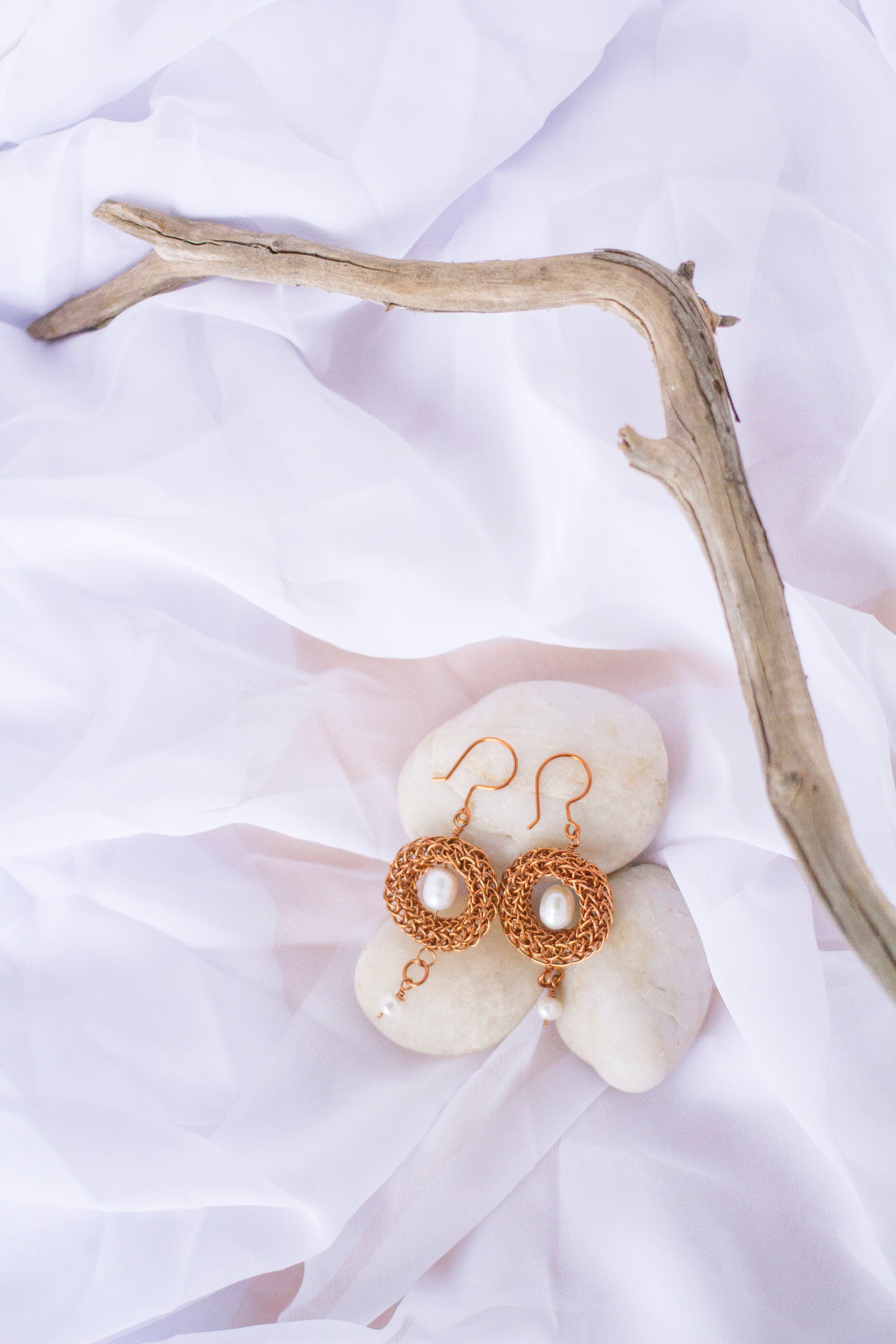 Copper Viking Wire Knit Earrings with Freshwater Pearls