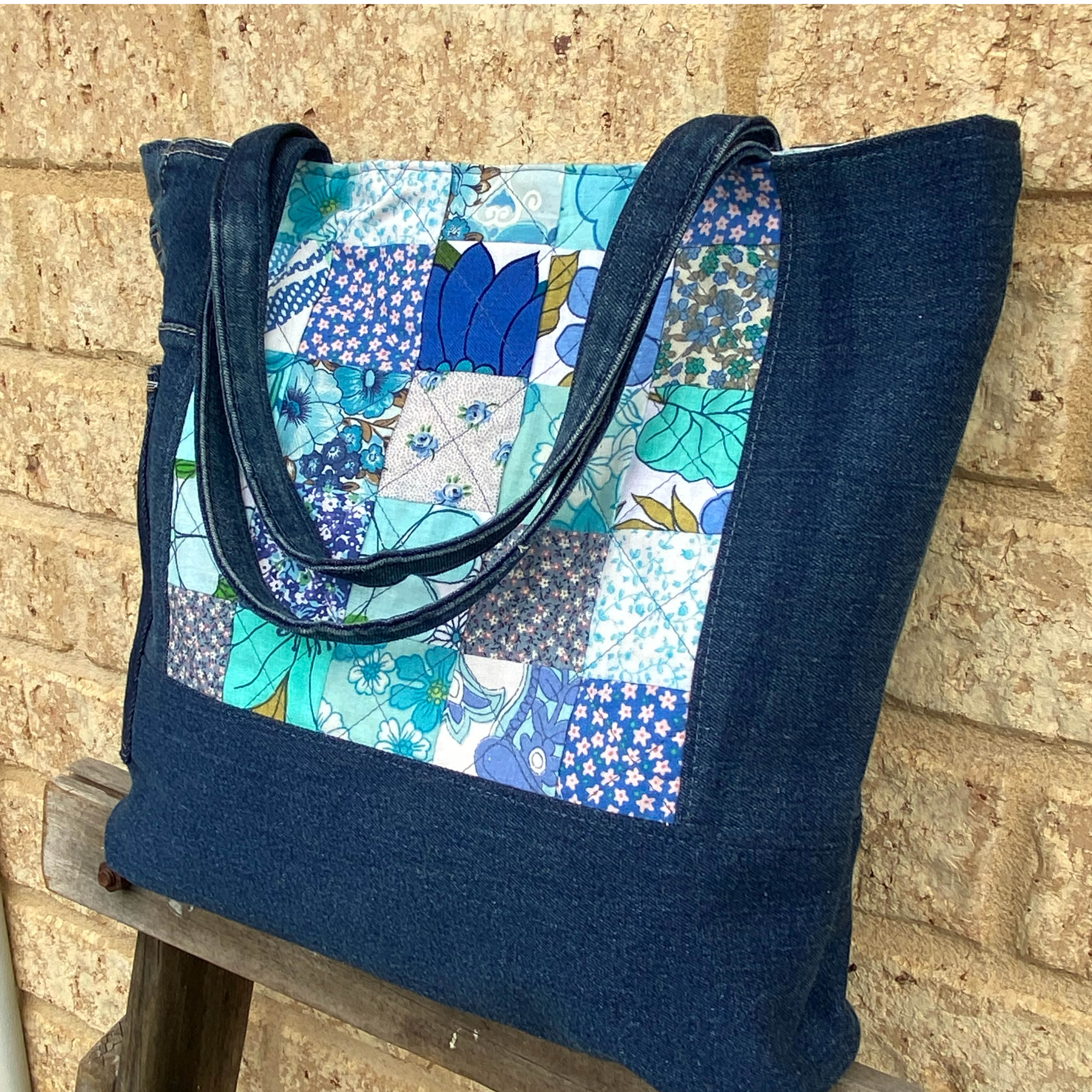 Coastal Blue Handmade Tote Bag Upcycled Vintage Fabrics & Denim Made