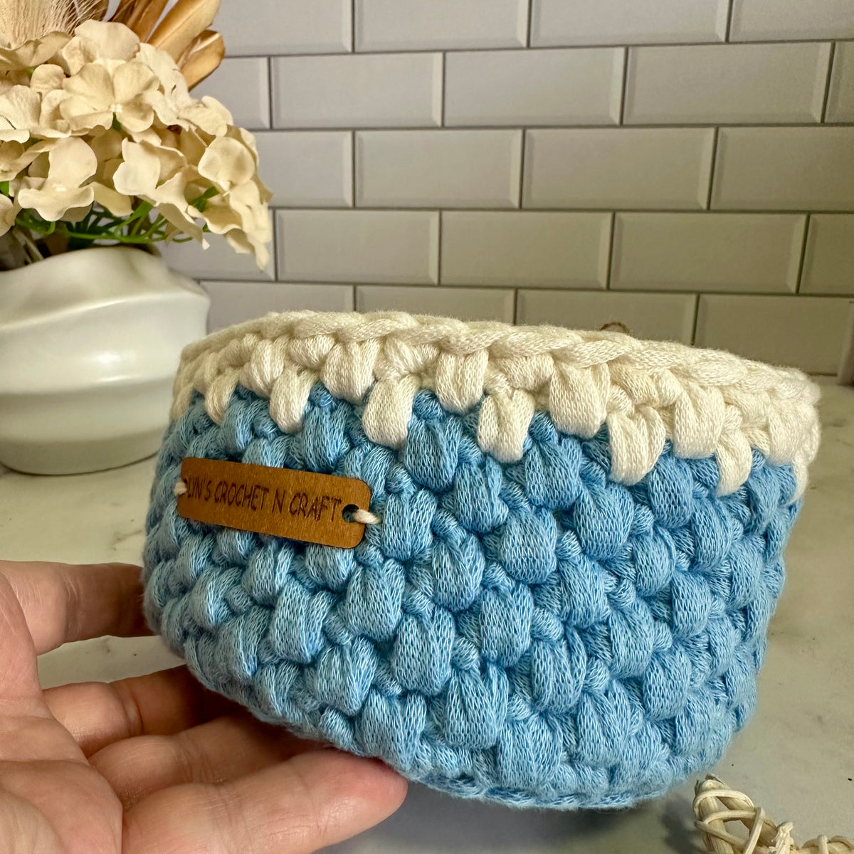 Handmade Crochet Blue & White Baby Basket - small