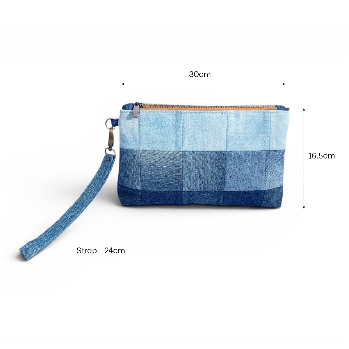 Handmade patchwork upcycled denim wristlet clutch