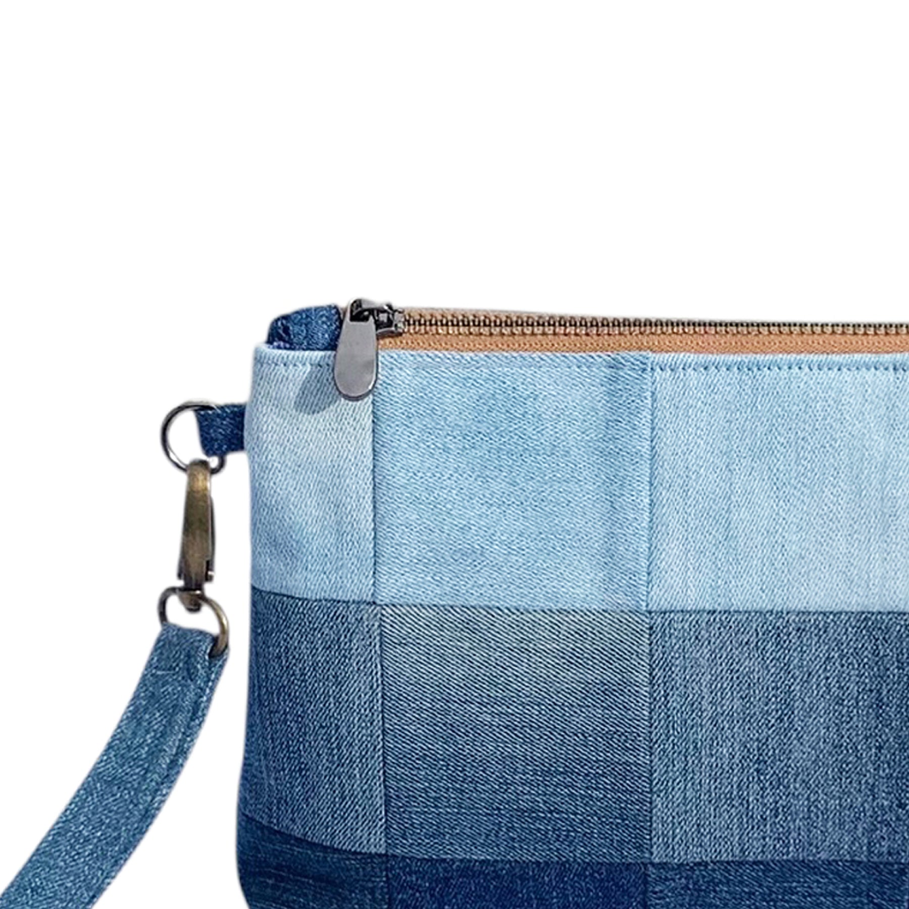 Handmade patchwork upcycled denim wristlet clutch