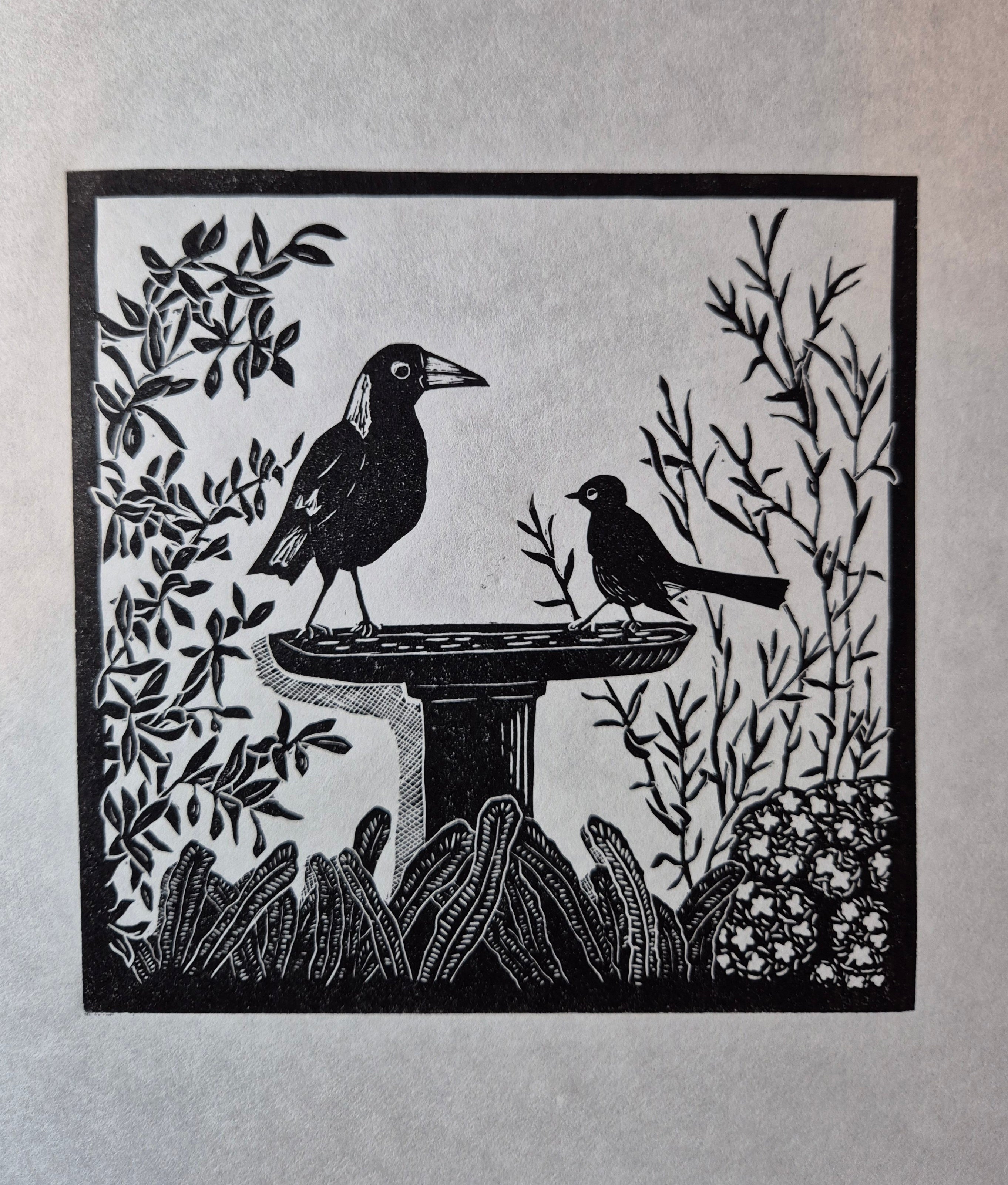 Original linocut artwork birds on birdbath title Disputed Territory
