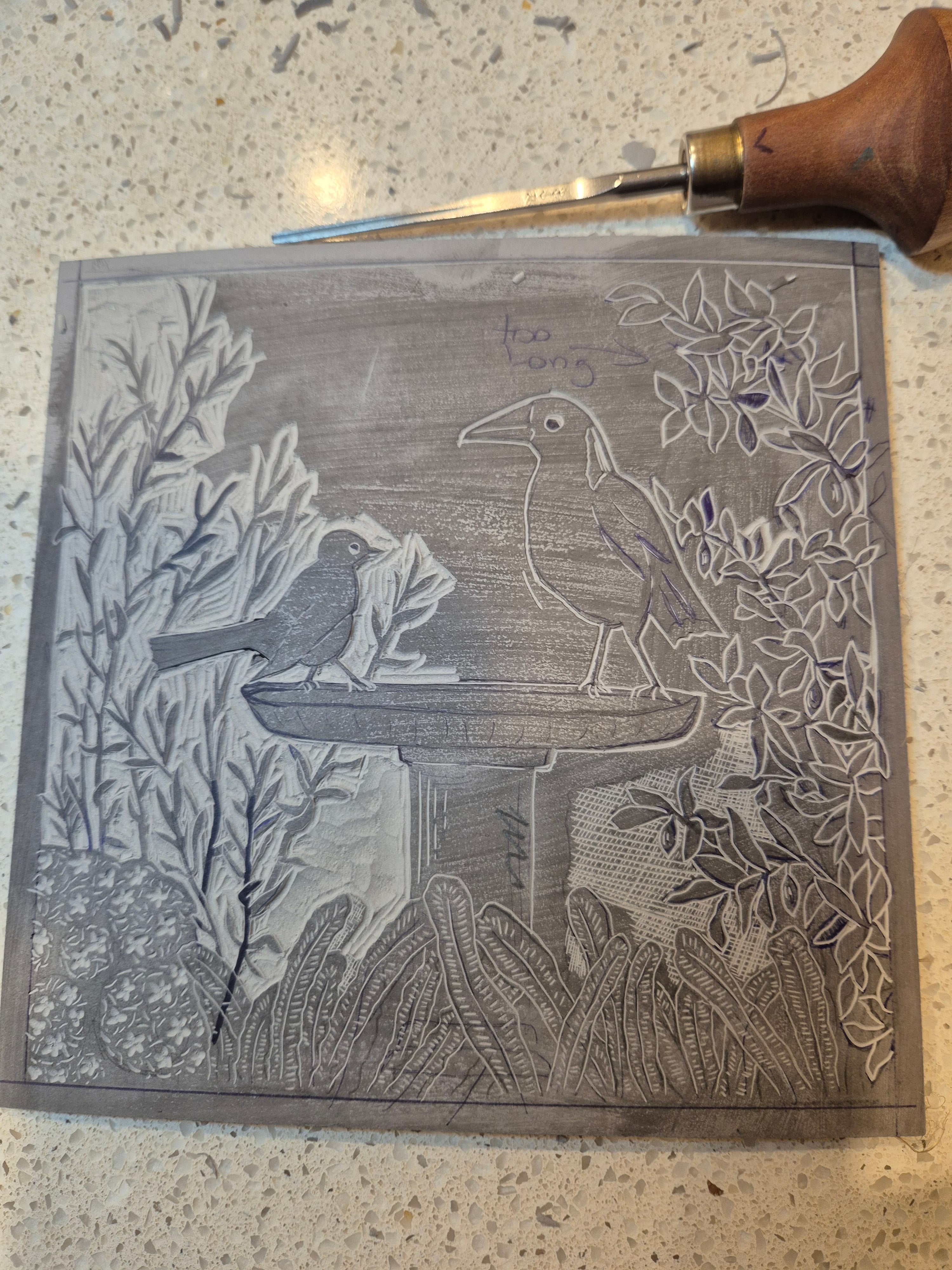Original linocut artwork birds on birdbath title Disputed Territory
