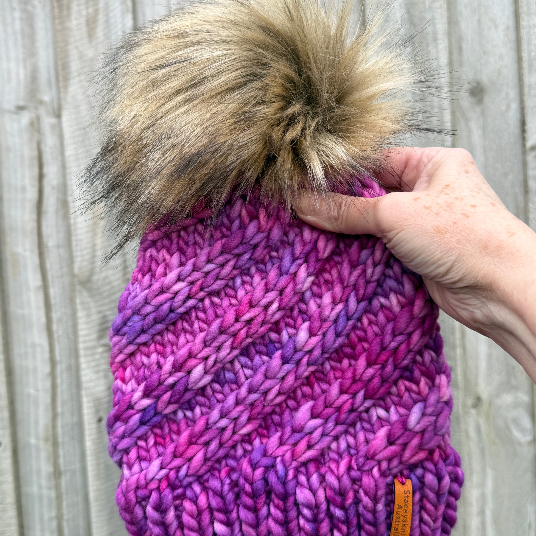 Merino Beanie, Pink Purple PomPom Beanie