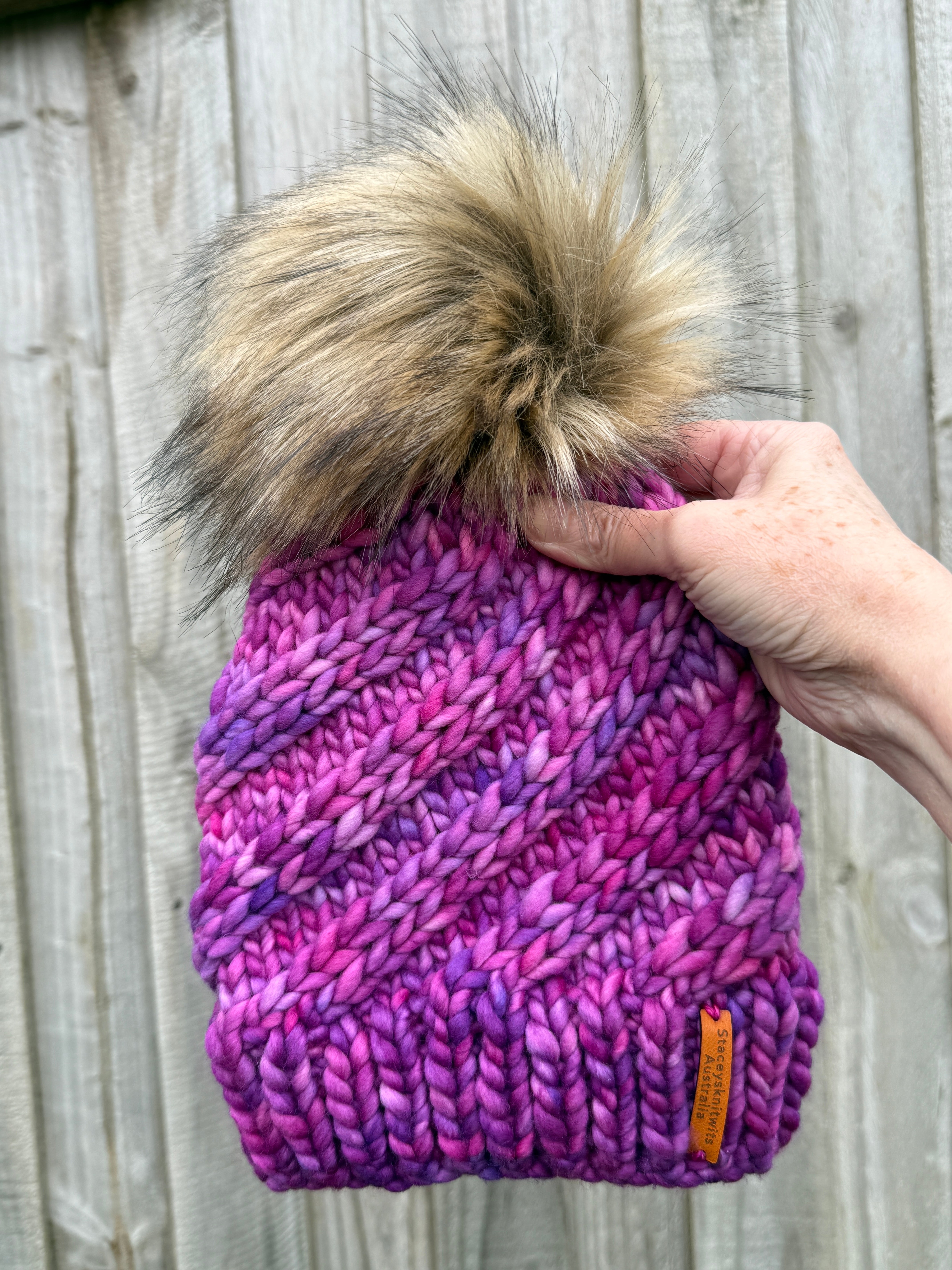 Merino Beanie, Pink Purple PomPom Beanie
