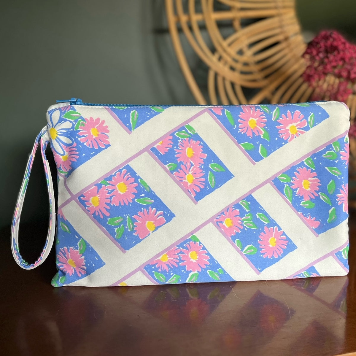 Floral, repurposed vintage fabric zip POUCH wrist strap