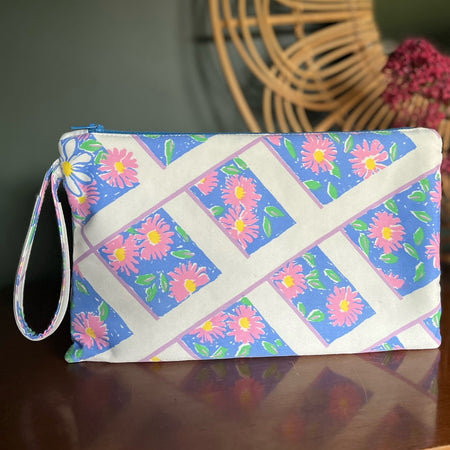 Floral, repurposed vintage fabric zip POUCH wrist strap