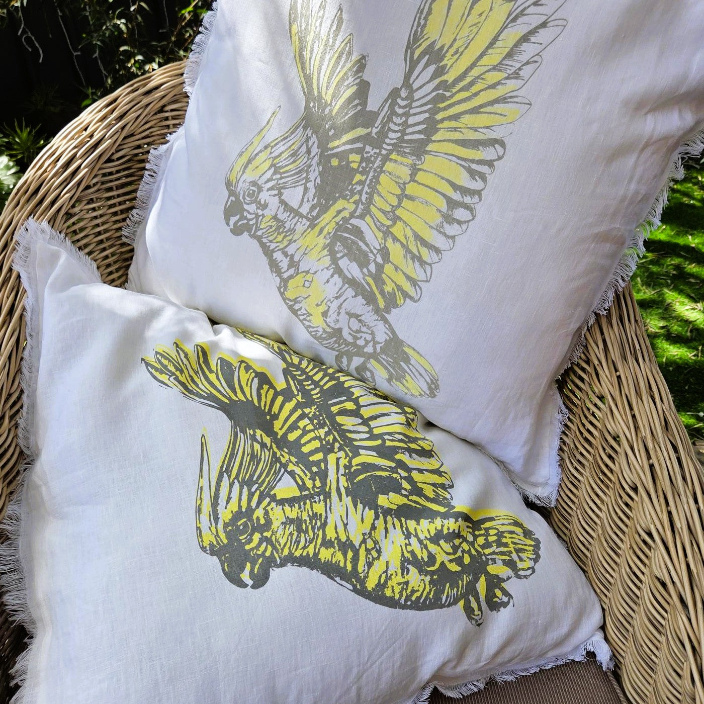 Hand Screen Printed Cockatoo- French Linen cushion covers (2 sided)