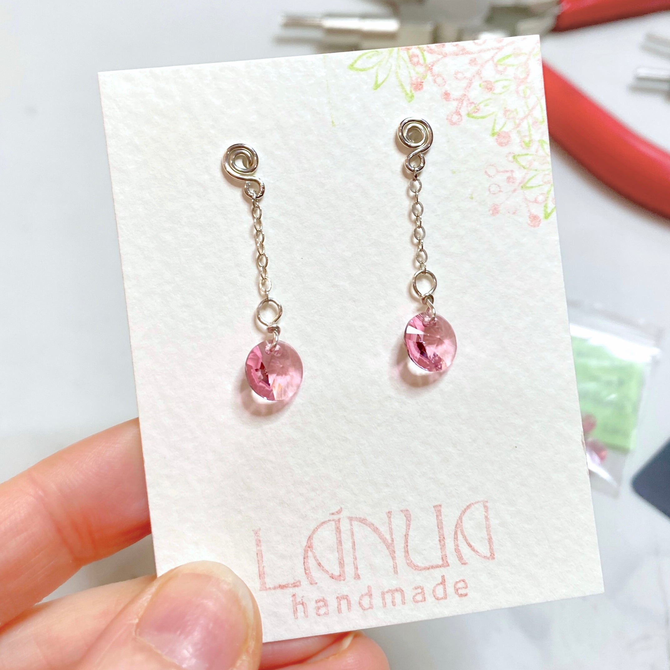 Light Rose crystal dangle earrings | Sterling silver | Stud with chain | Libra birthstone gift