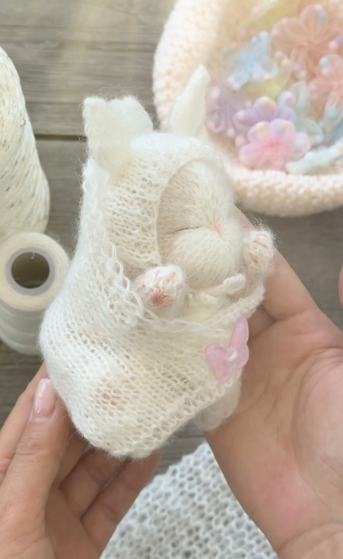 Handmade Sleeping Kitten in a Bunny Bonnet & Cozy Blanket with Butterfly Button