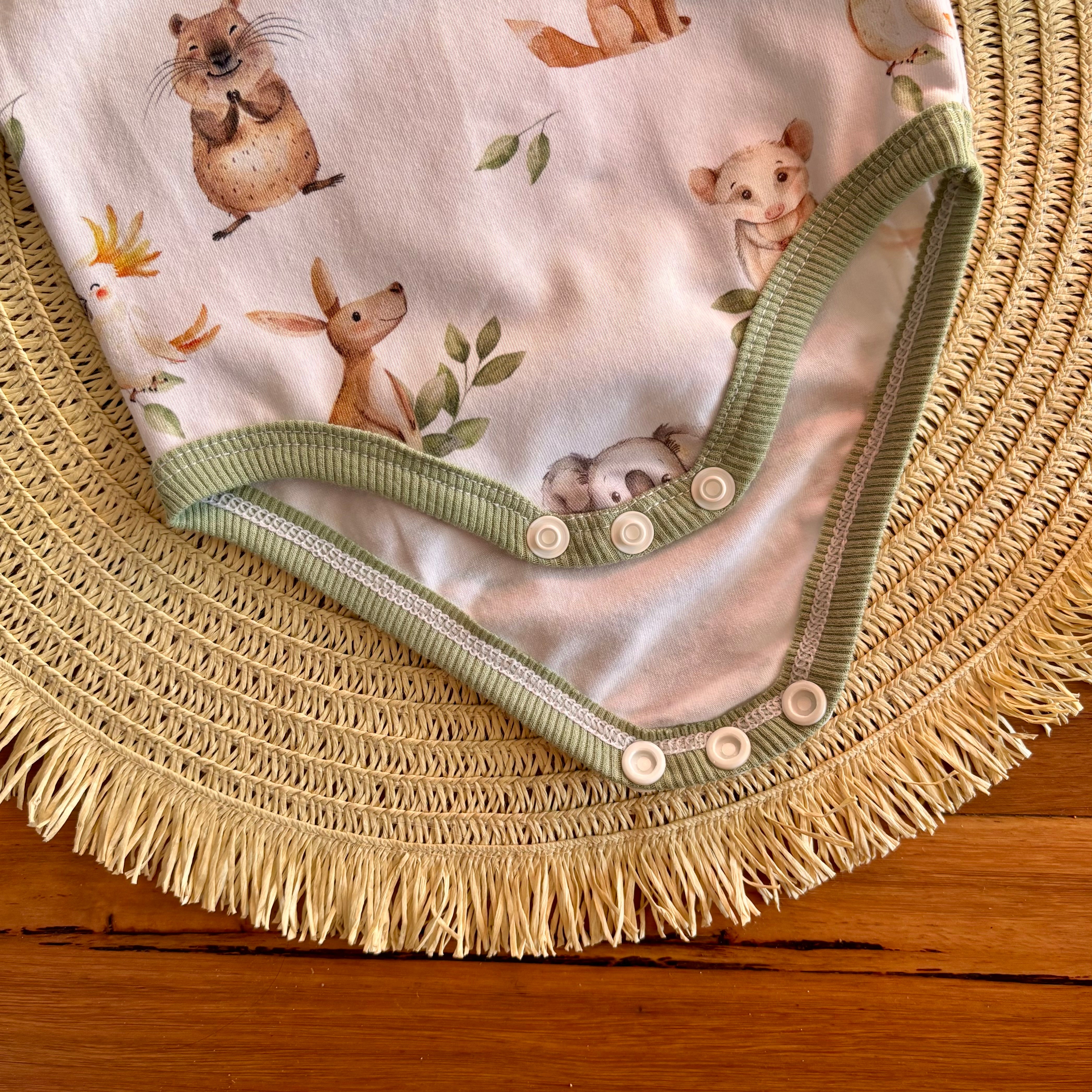 Baby Bodysuit and Pants Set | Green Aussie Animals | Size premmie to 2 | Made to order