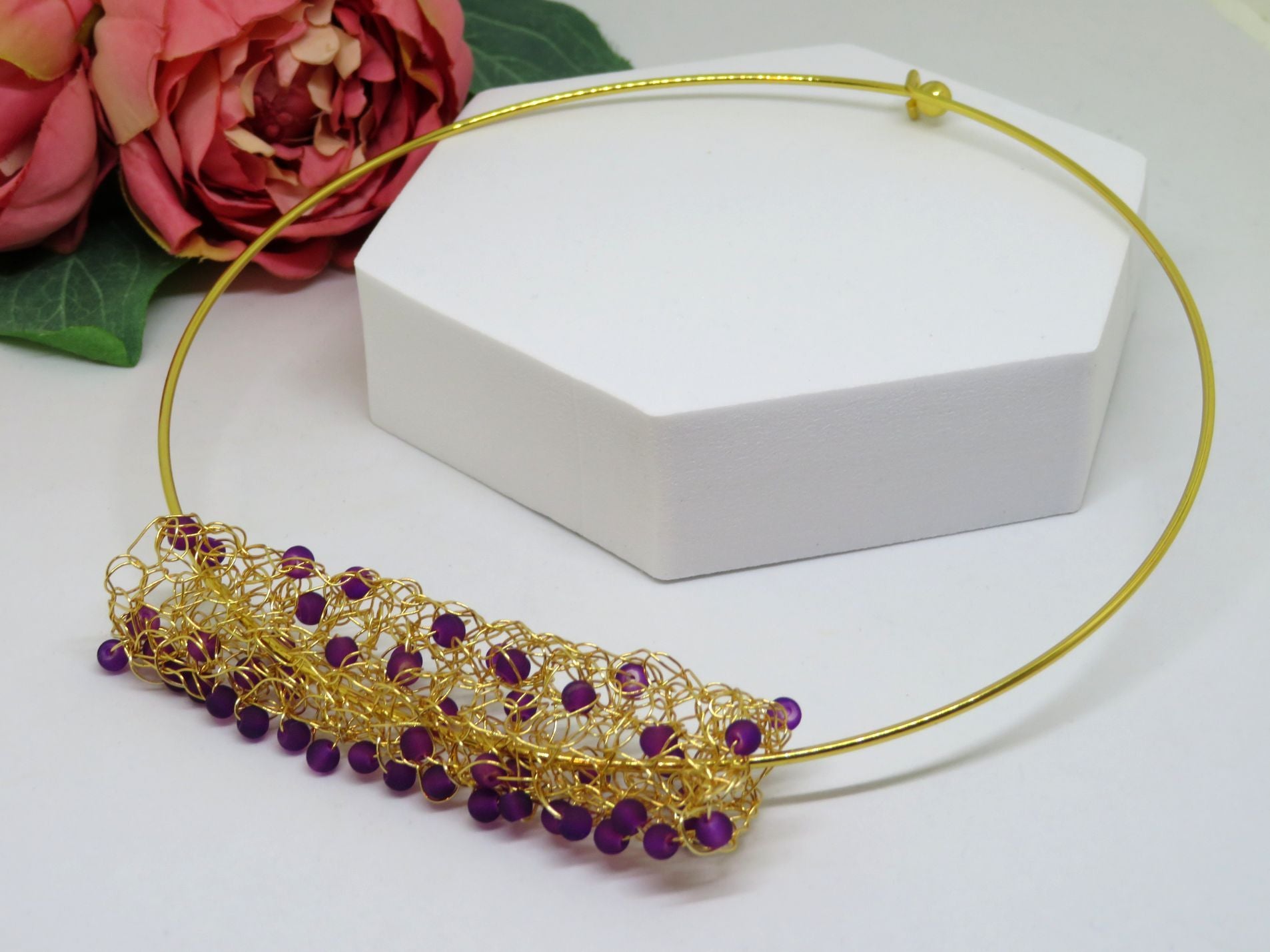 Frosted Purple Beaded Crochet Wire Tube Choker Necklace
