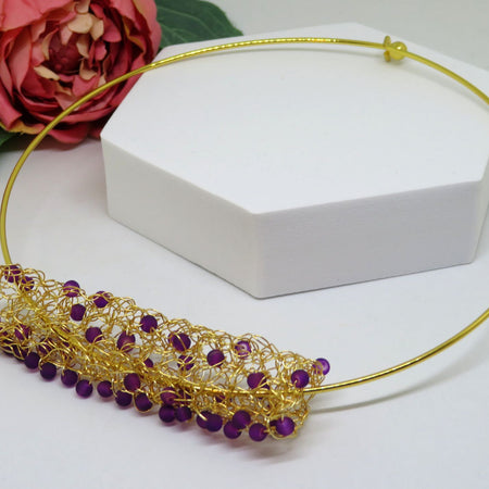 Frosted Purple Beaded Crochet Wire Tube Choker Necklace