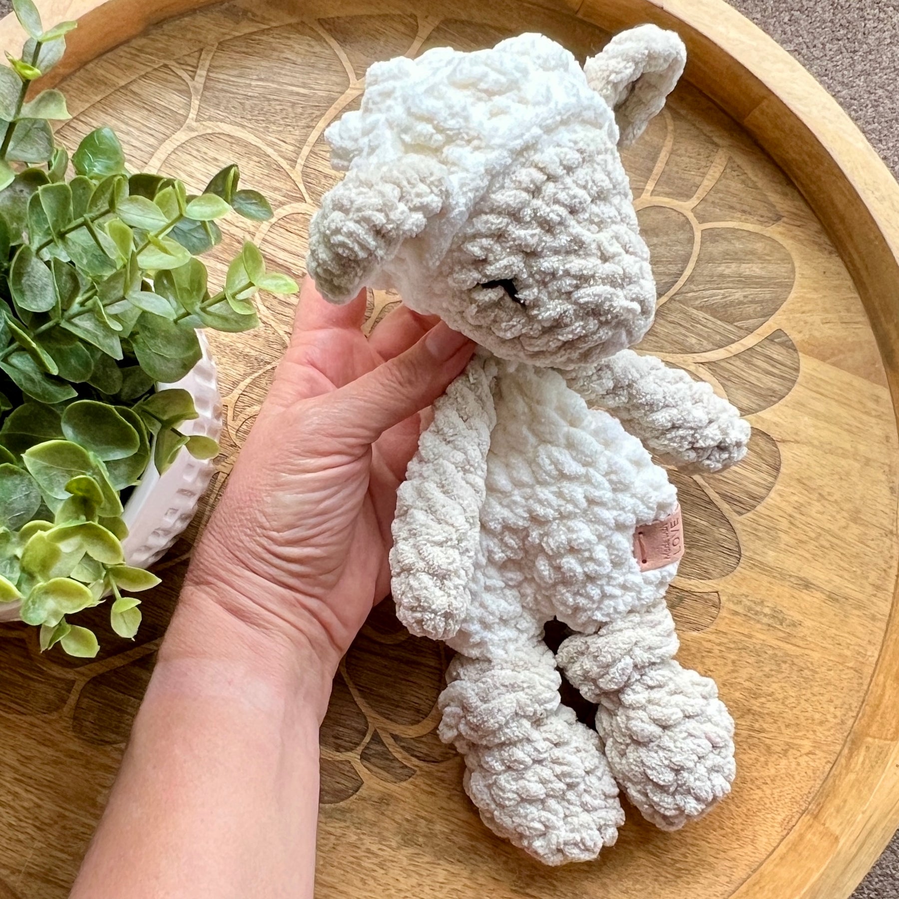 Handmade crochet Mini lamb sheep modern lovey with knotted legs.
