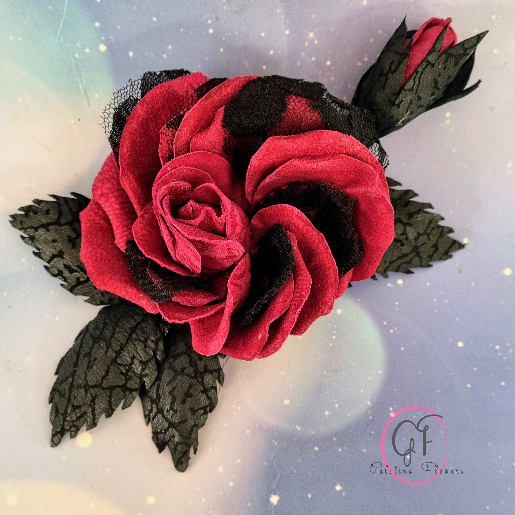 LEATHER CRIMSON ROSE “Dark Romance” pin brooch hair hat clip . Leather anniversary wedding gift. Millinery