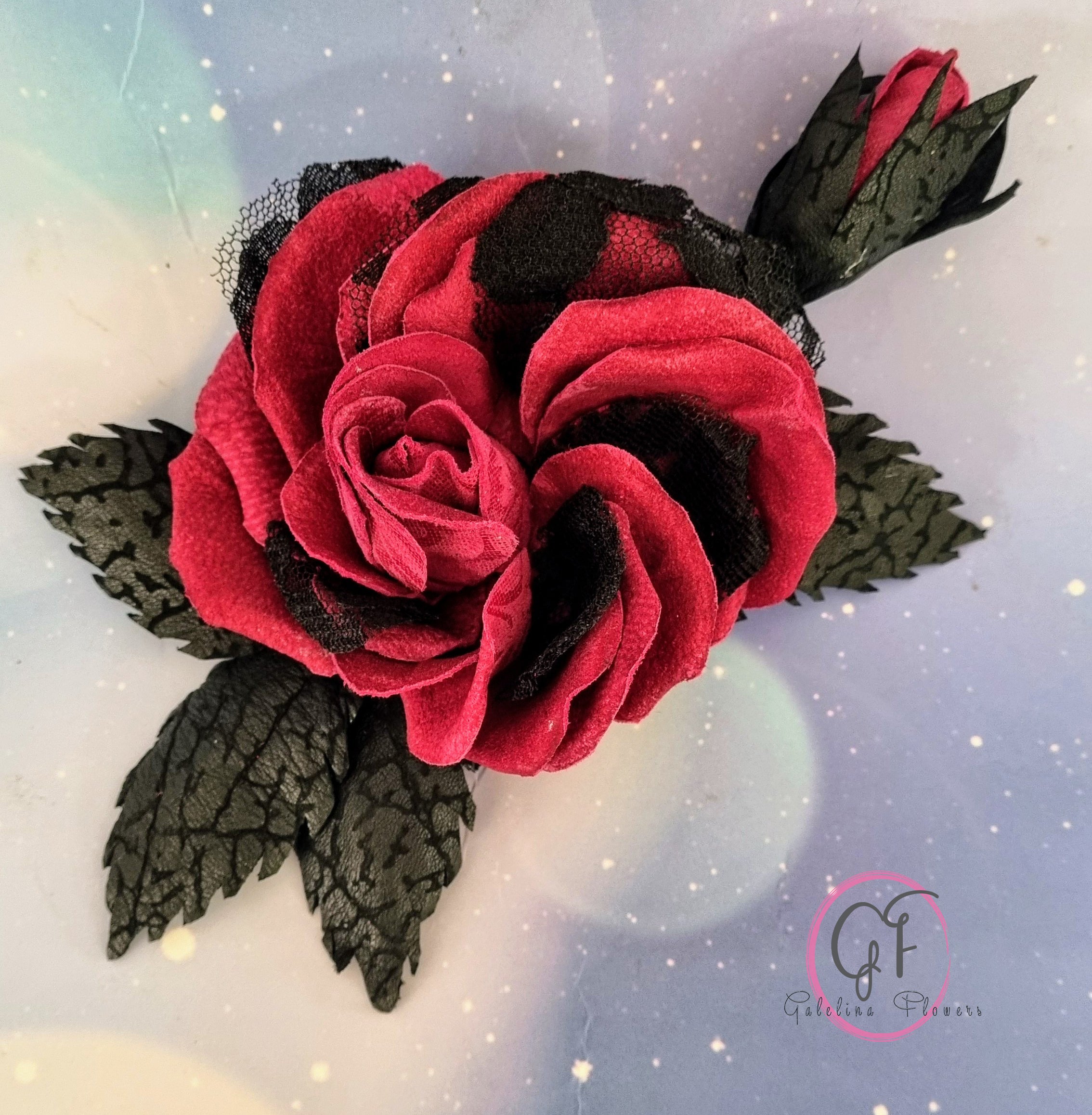 LEATHER CRIMSON ROSE “Dark Romance” pin brooch hair hat clip . Leather anniversary wedding gift. Millinery