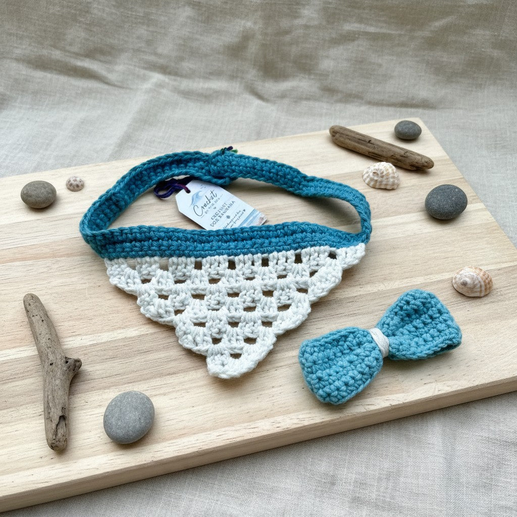 Dog Gift Box, Handmade Crochet Dog Bandana & matching bow tie or flower, New Puppy Gift
