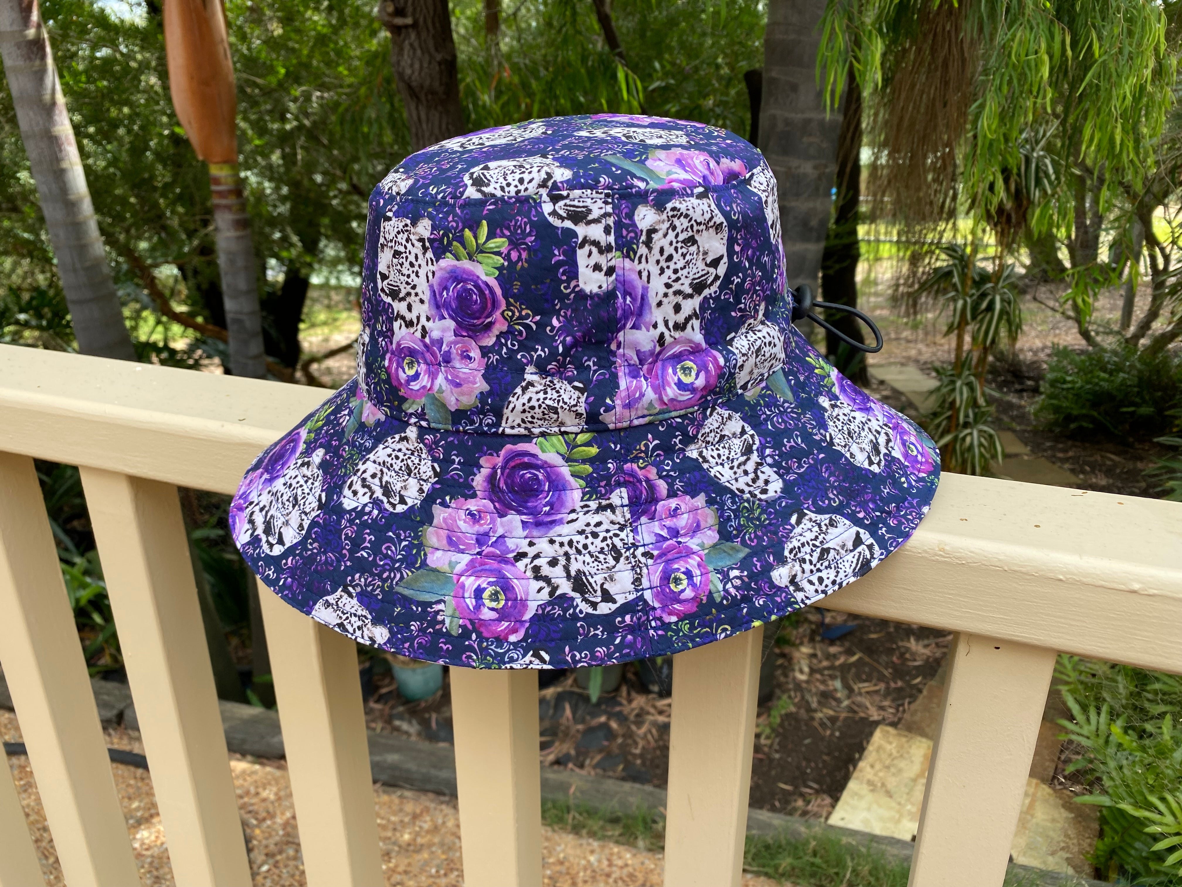 Large Adult Bucket Hat Snow Leopard Floral on Navy