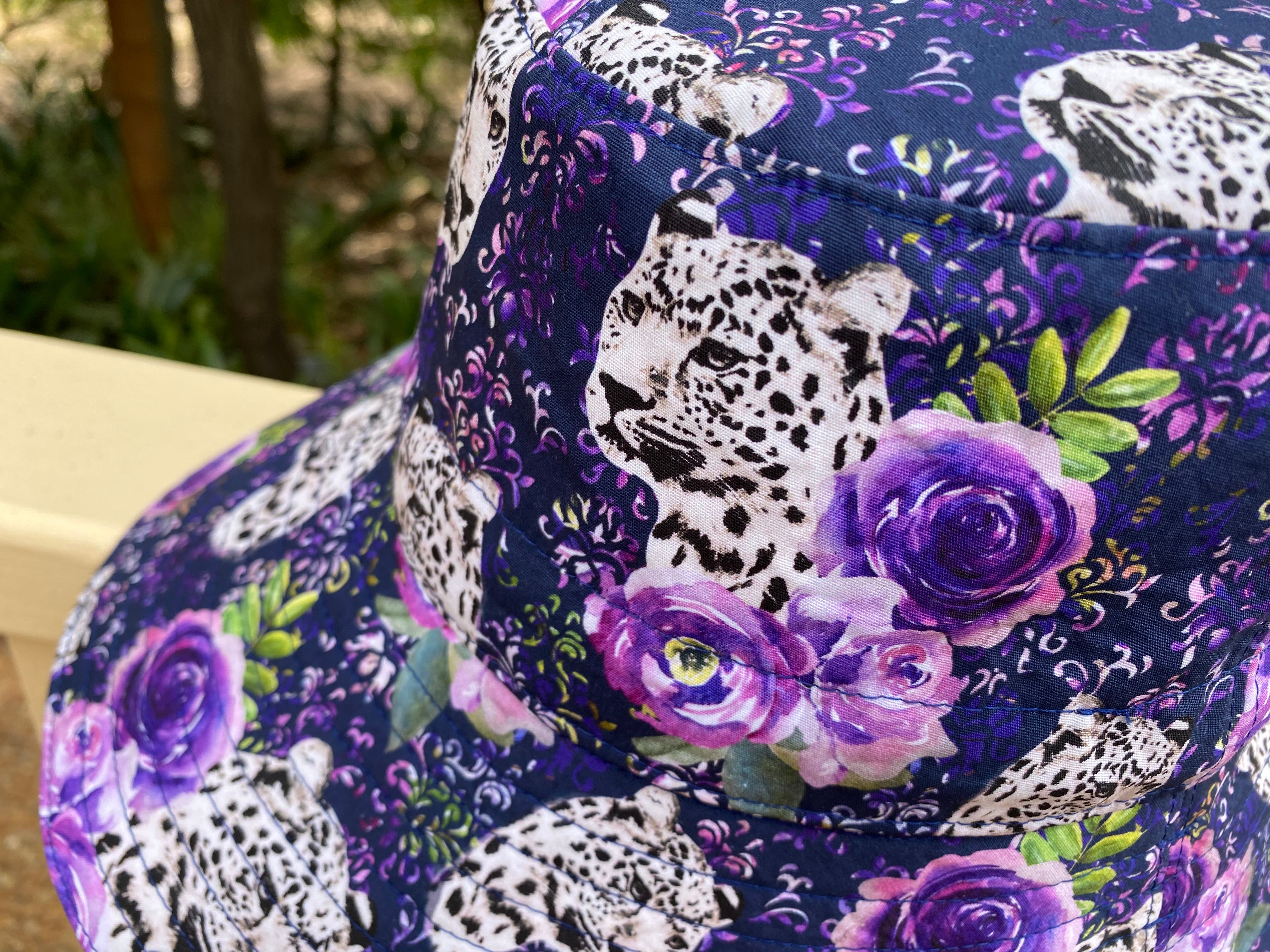 Large Adult Bucket Hat Snow Leopard Floral on Navy