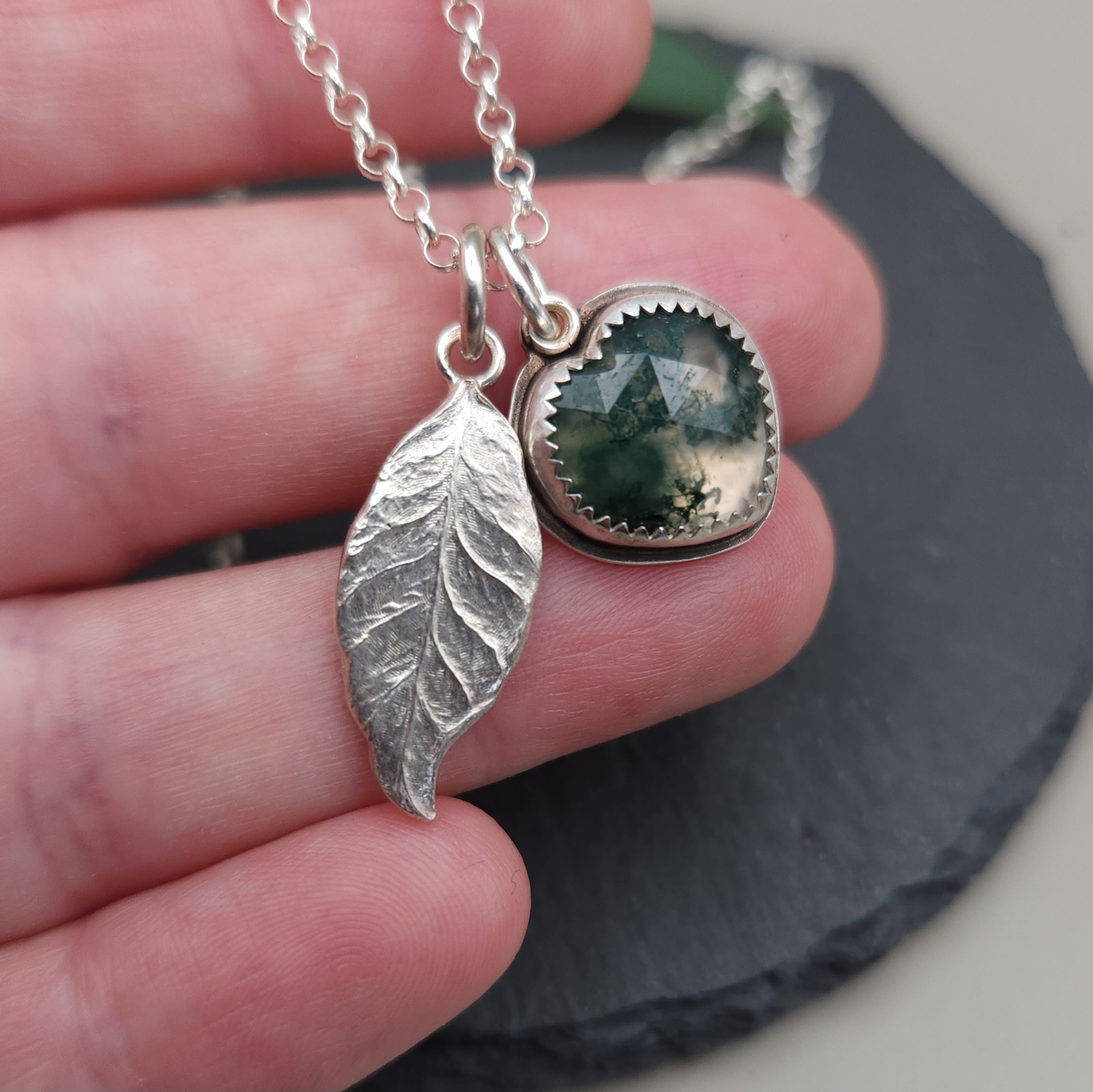 Twin pendants - silver leaf & moss agate heart