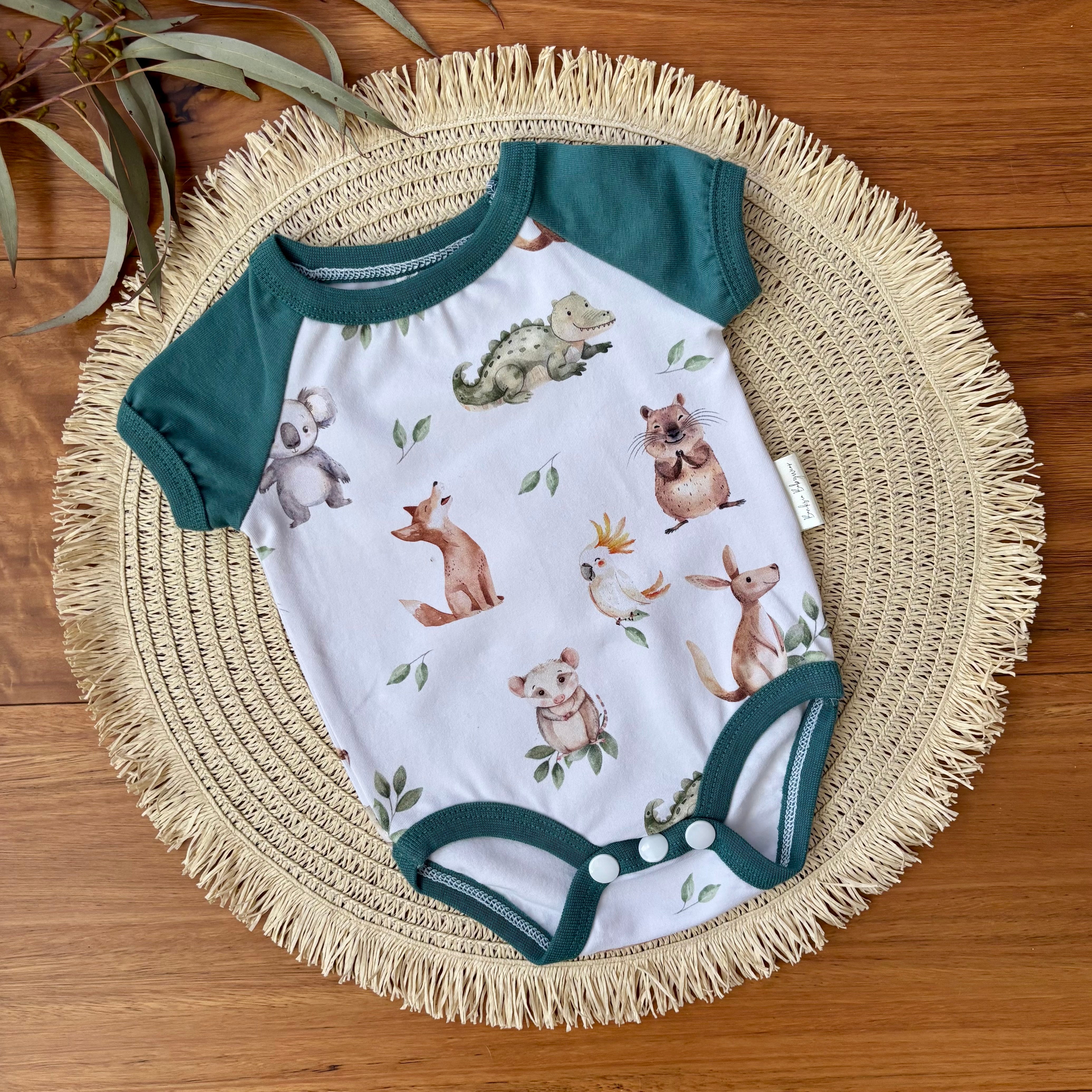 Baby Short Sleeved Bodysuit | Dark Green Aussie Animals | Size premmie to 2 | Made to order