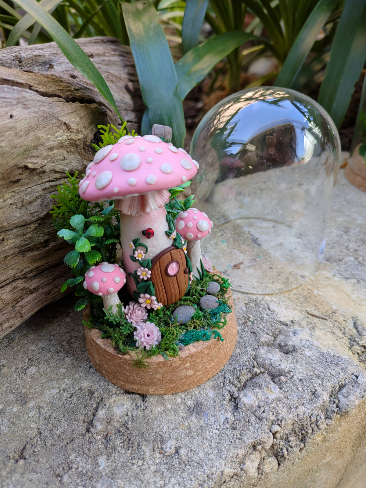 Pink Fairy Mushroom Houses in glass domes