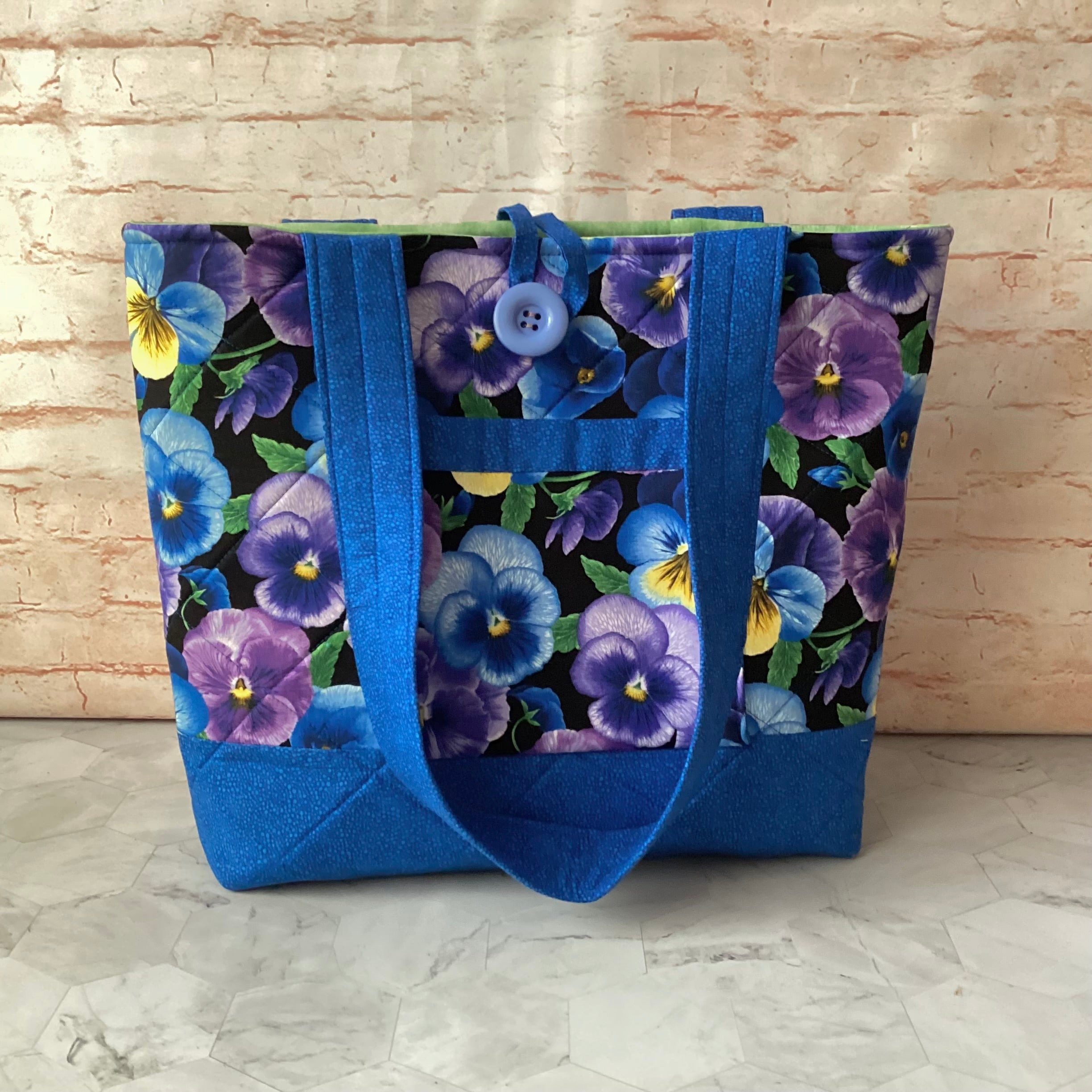 Blue Purple Pansies Floral Tote Bag: Handmade, quilted cotton shoulder bag with pockets