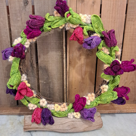 Handmade crochet tulip wreath pinks purples