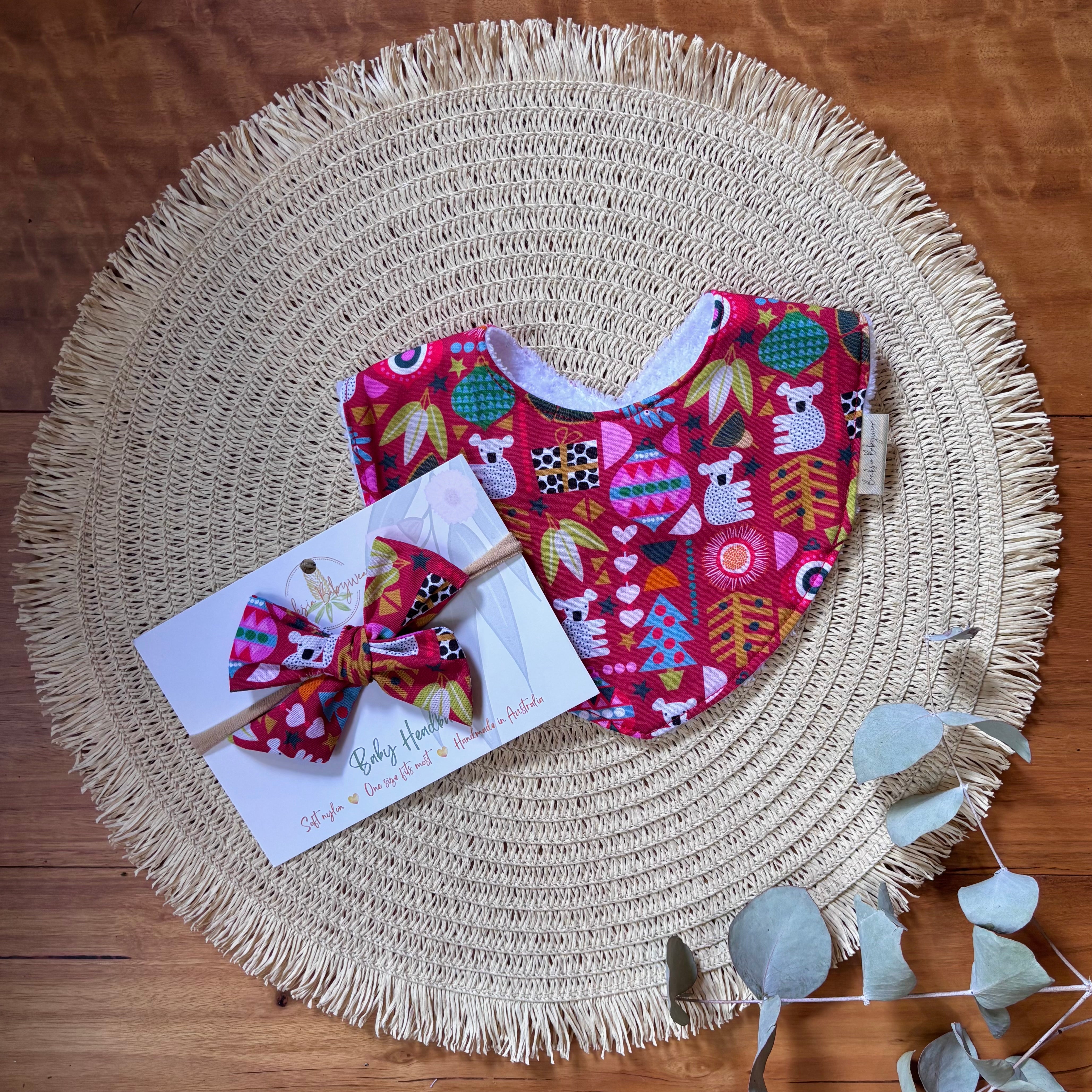 Christmas Baby Bib and Bow Set - Red Koalas