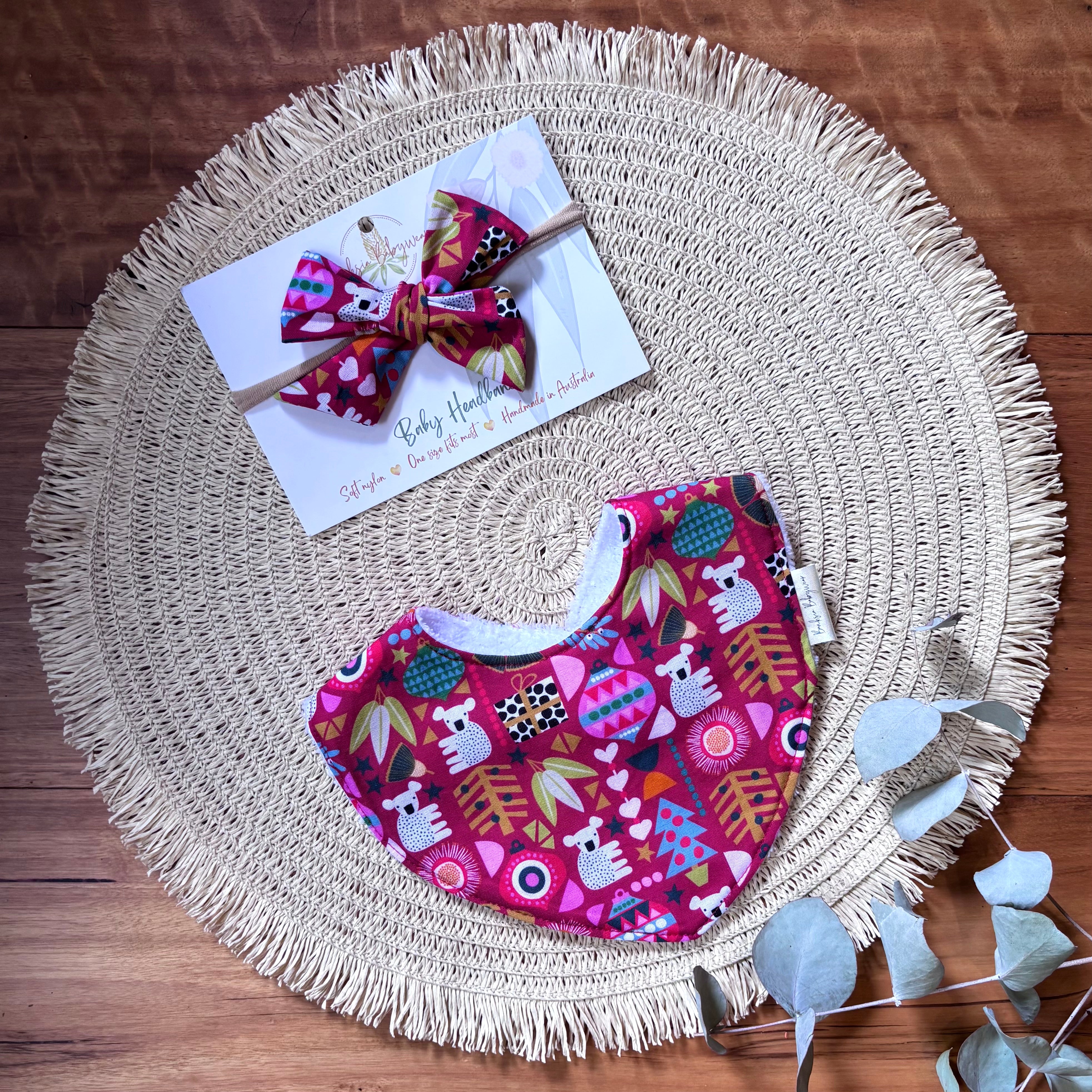 Christmas Baby Bib and Bow Set - Red Koalas