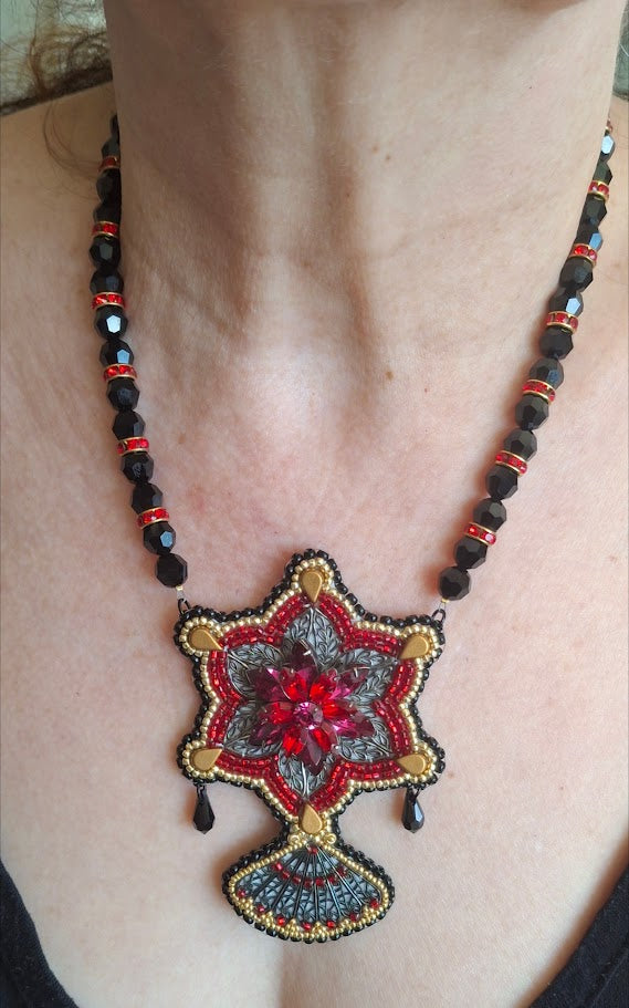 Bead embroidered fan necklace