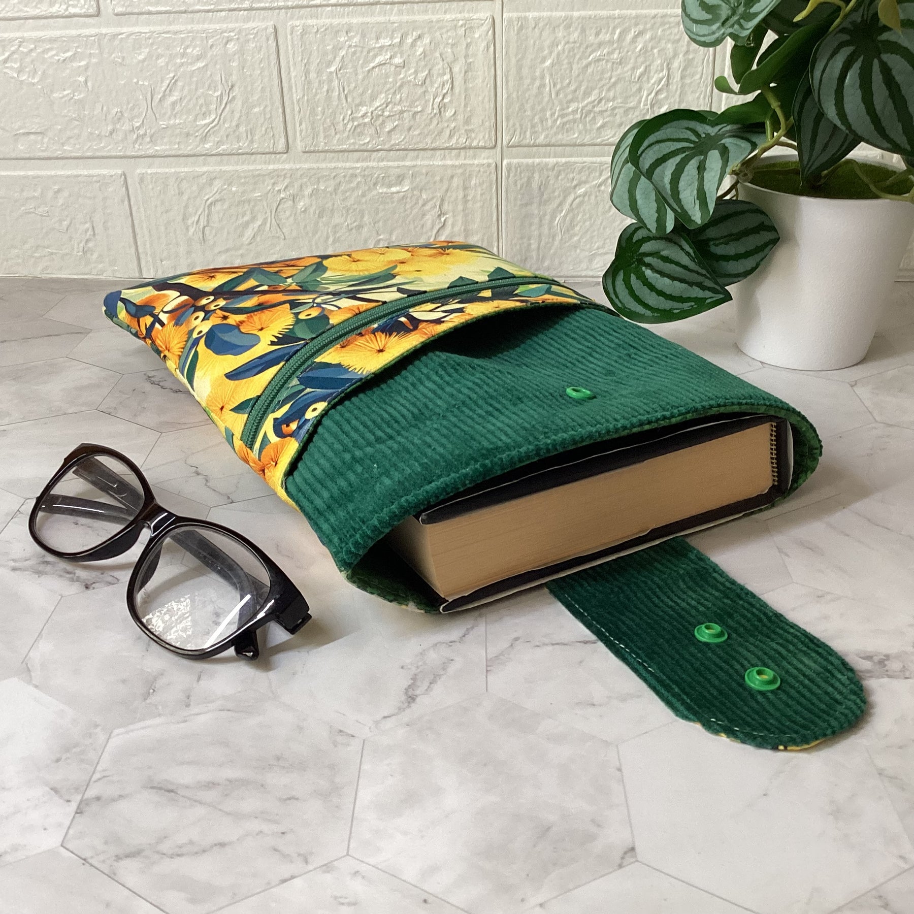 Australian Wattle fabric book sleeve with 2 pockets. iPad, tablet pouch