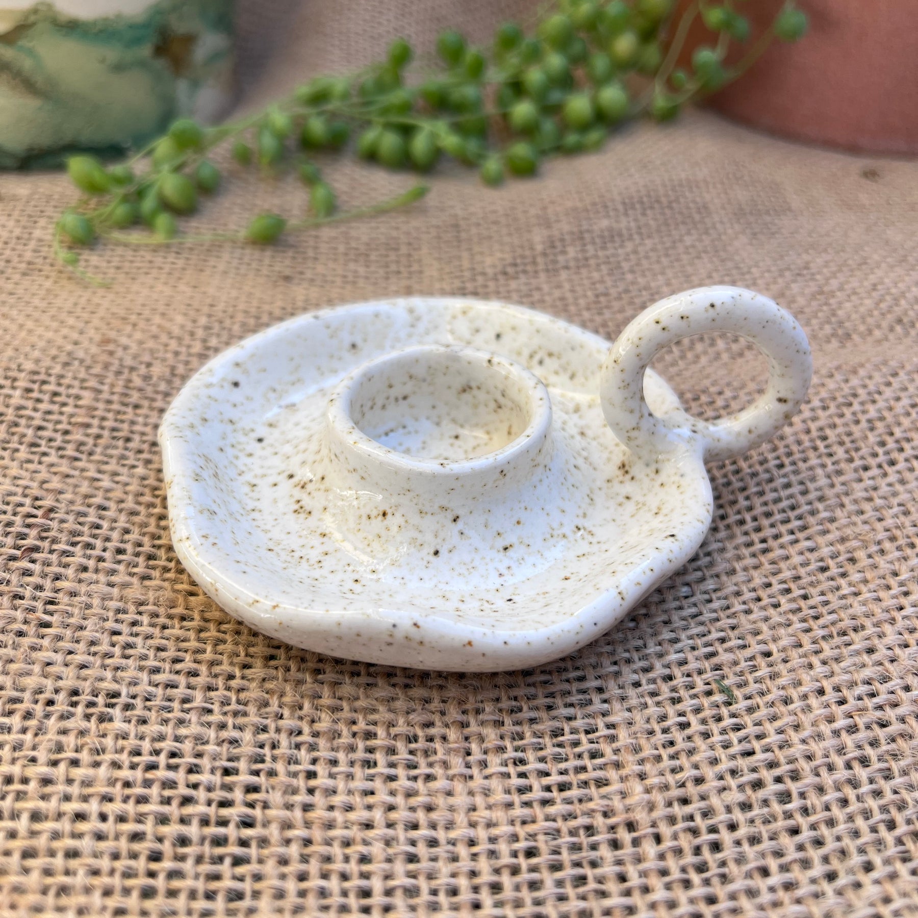 Petite Ceramic candlestick holder with Beeswax candle.