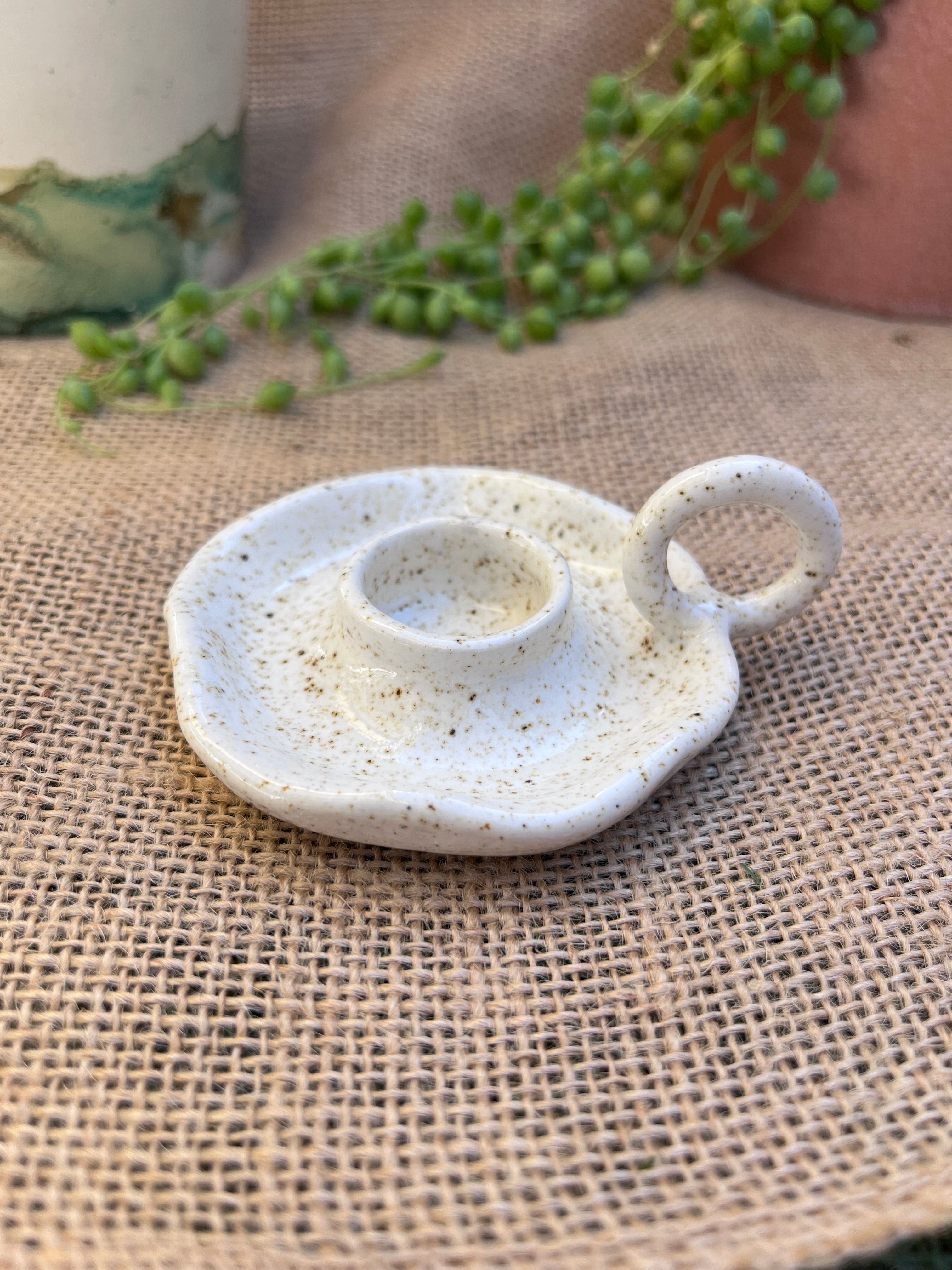 Petite Ceramic candlestick holder with Beeswax candle.