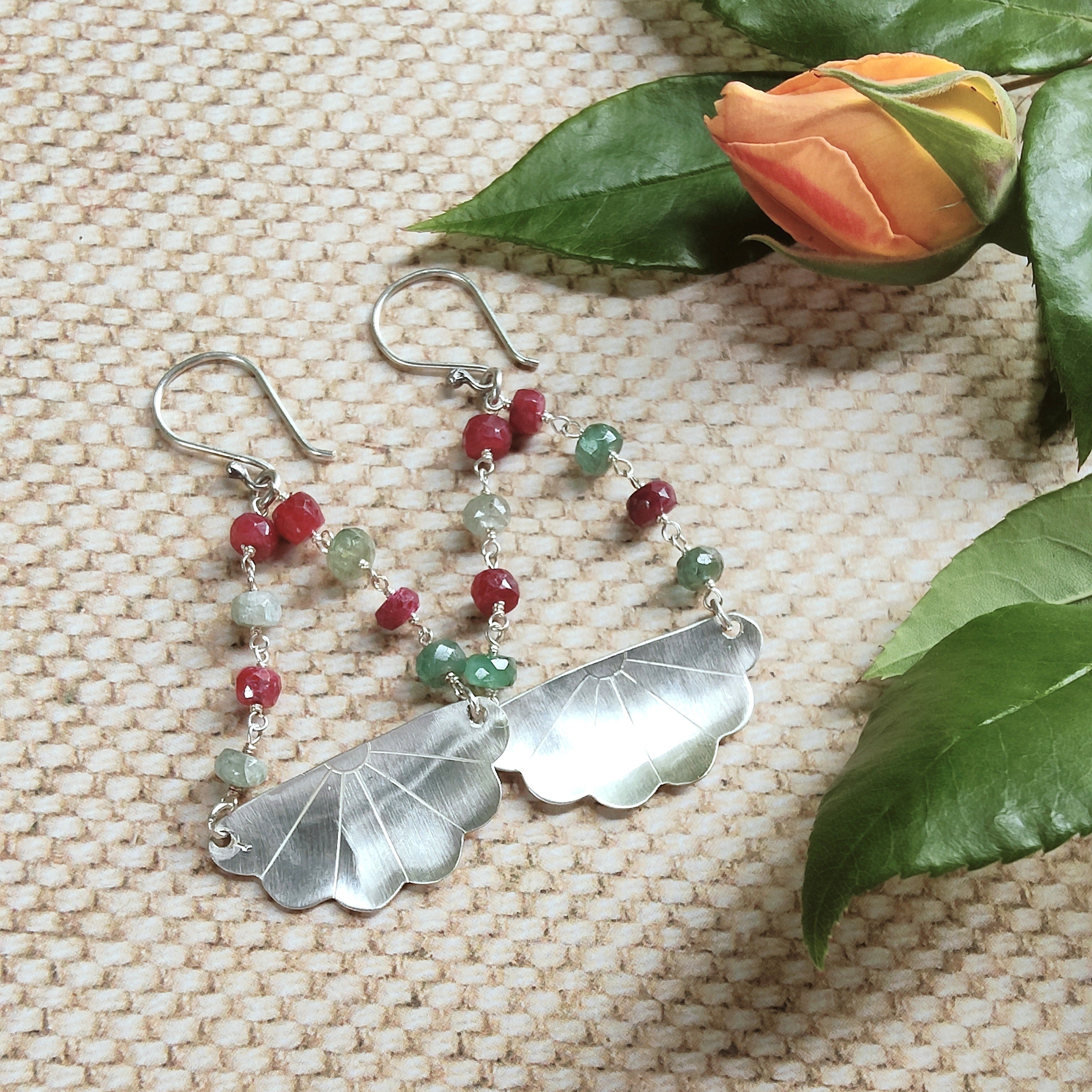 Japanese Iced Tea Spoon Earrings – Emerald & Ruby Beads (8 each side, 6cm drop)