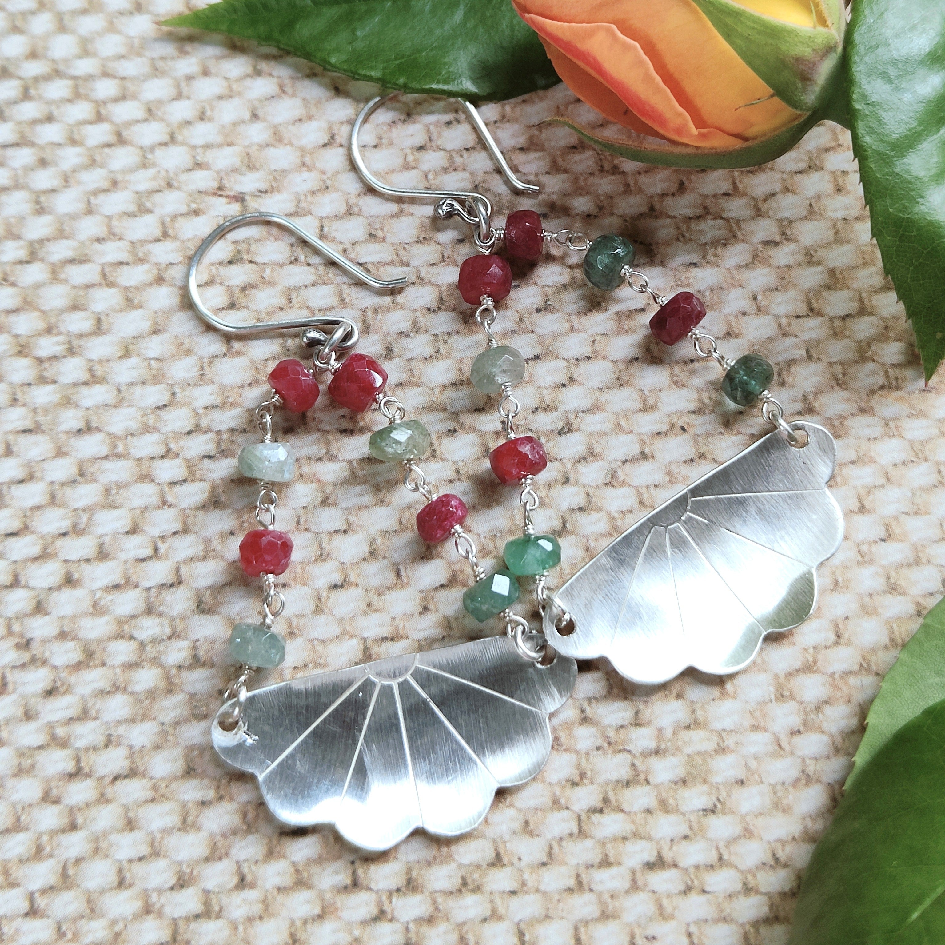 Japanese Iced Tea Spoon Earrings – Emerald & Ruby Beads (8 each side, 6cm drop)