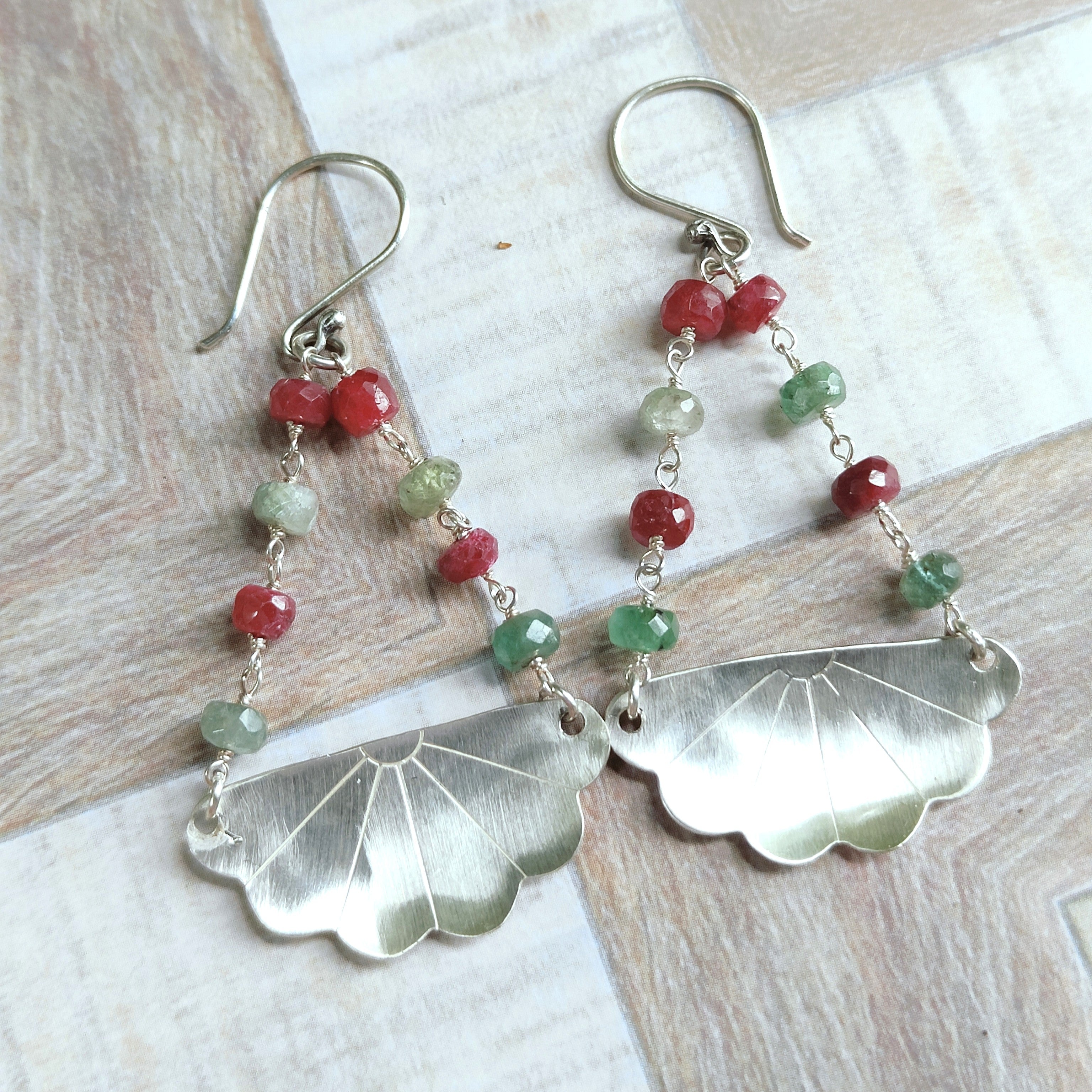 Japanese Iced Tea Spoon Earrings – Emerald & Ruby Beads (8 each side, 6cm drop)