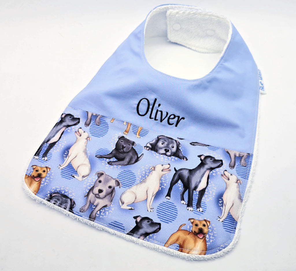 Personalised Baby Bib Gift Staffy Dog Fabric