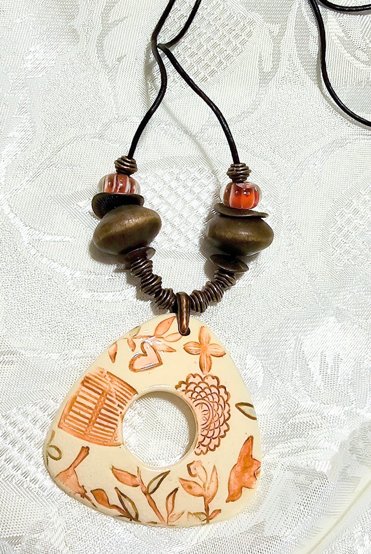 Triangular Handcrafted Ceramic Pendant Suspended on Black Adjustable Cord FREE POST