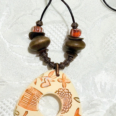 Triangular Handcrafted Ceramic Pendant Suspended on Black Adjustable Cord FREE POST