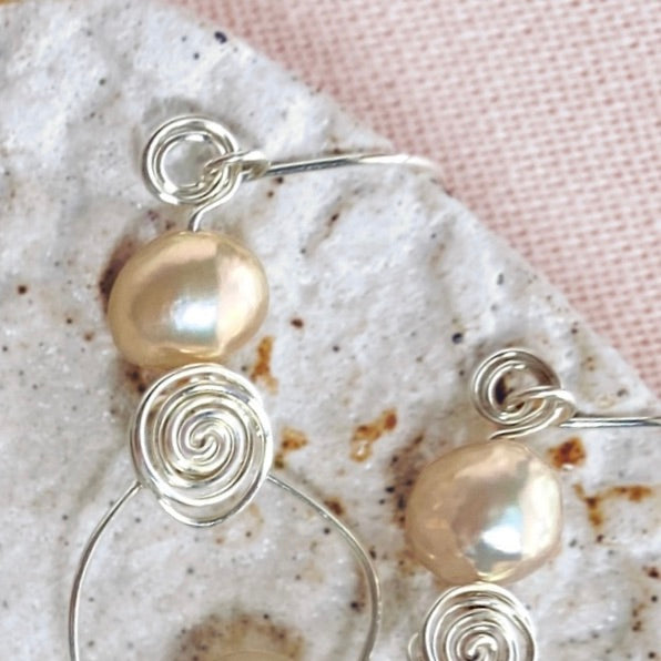 Pearl swirl dangle earrings | Sterling silver or 14k gold-filled | Natural pearls | June birthstone