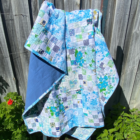 Cobalt Treasure Handmade Quilt Upcycled Vintage Fabrics & Wool Blanket
