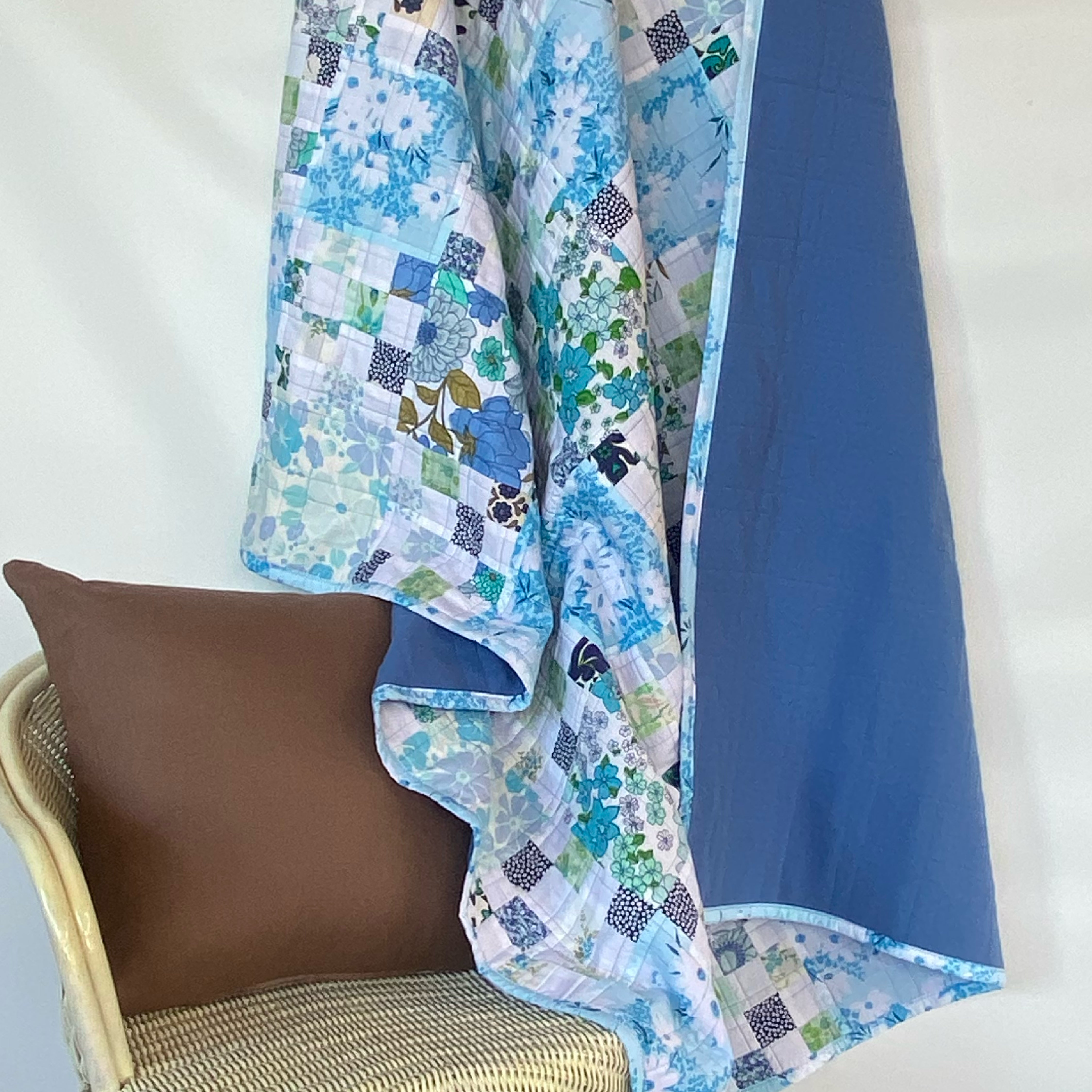 Cobalt Treasure Handmade Quilt Upcycled Vintage Fabrics & Wool Blanket