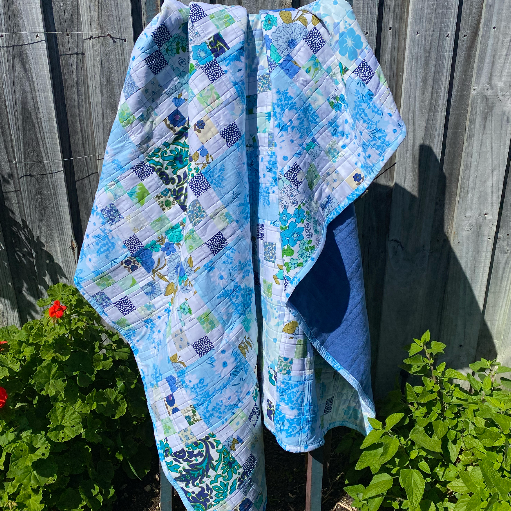 Cobalt Treasure Handmade Quilt Upcycled Vintage Fabrics & Wool Blanket