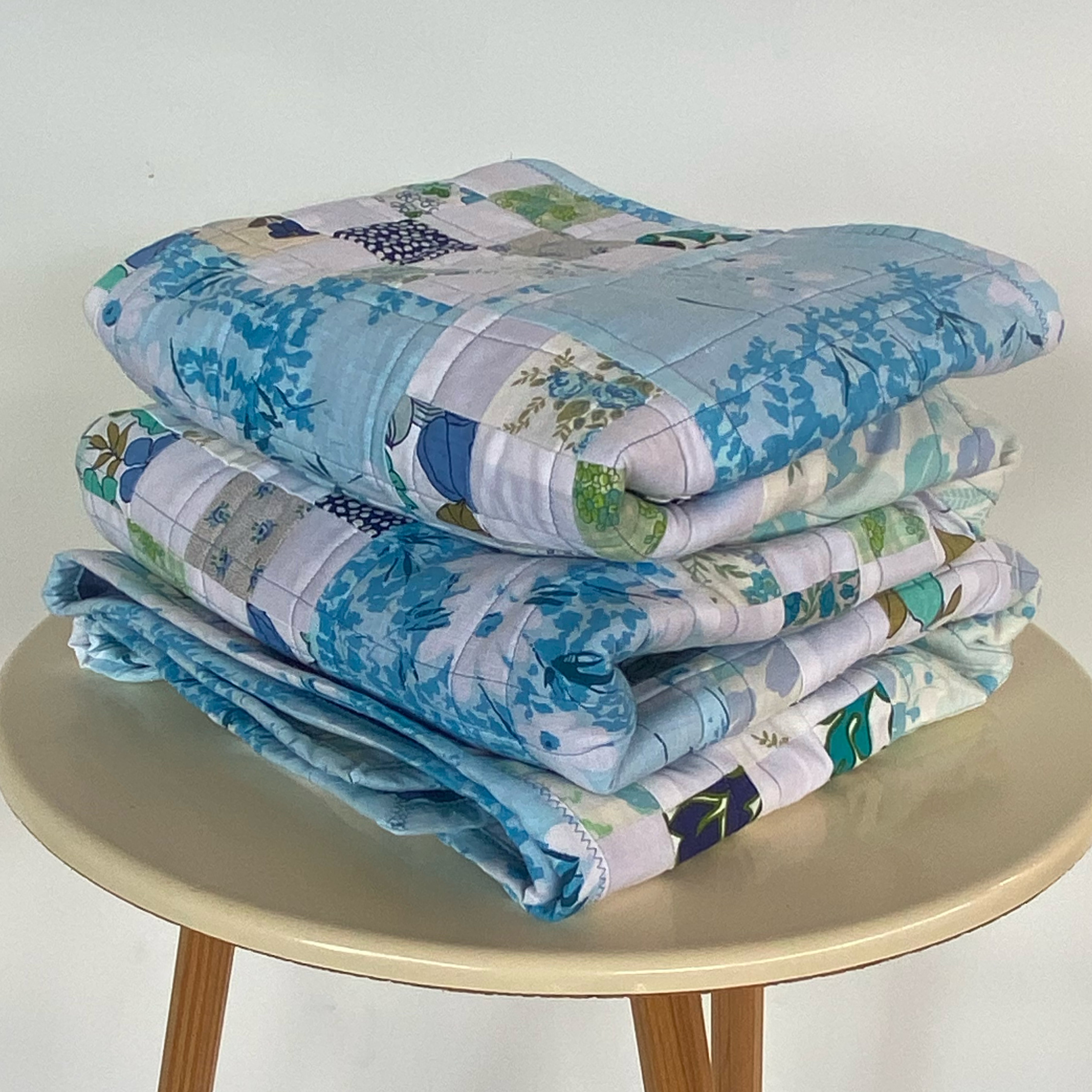 Cobalt Treasure Handmade Quilt Upcycled Vintage Fabrics & Wool Blanket