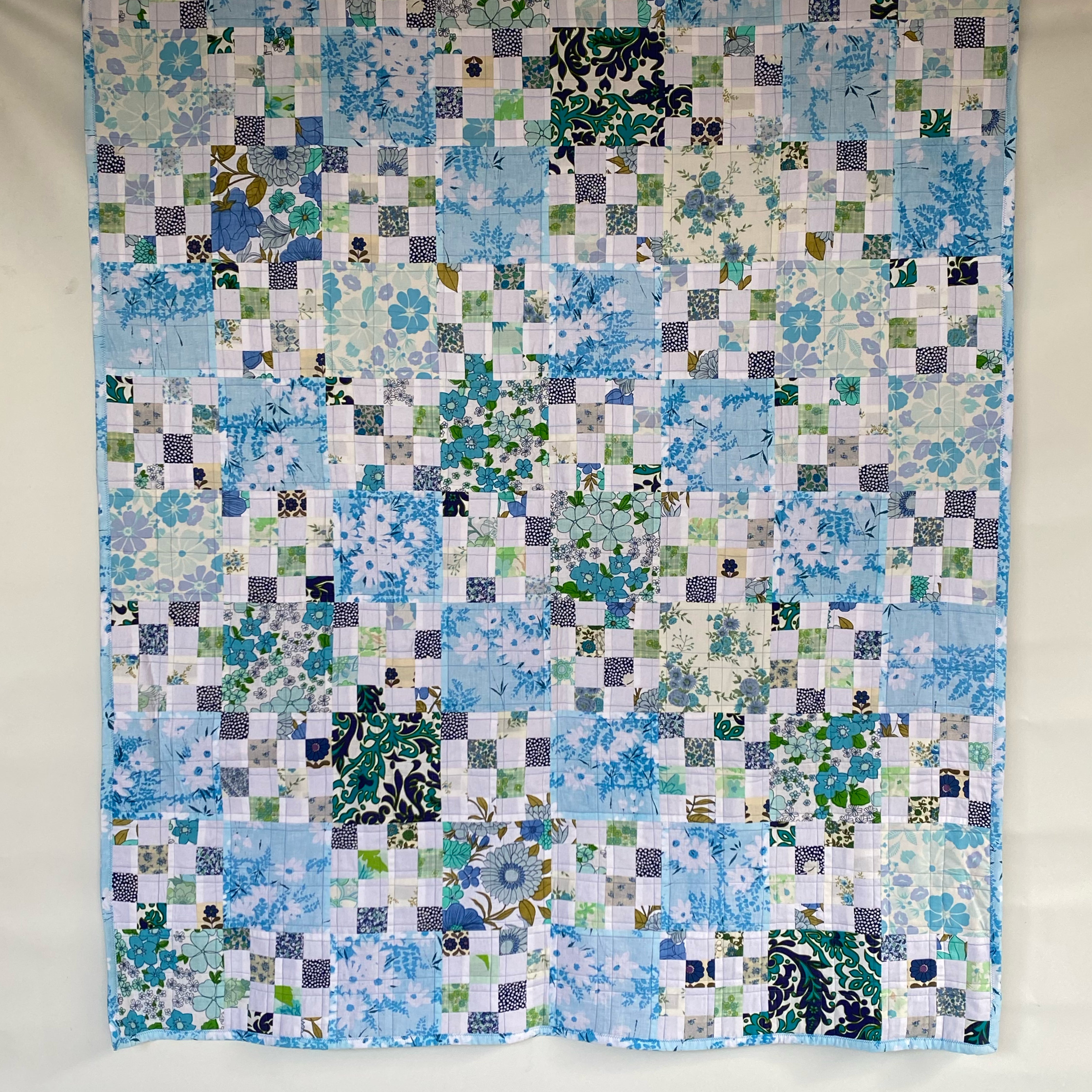Cobalt Treasure Handmade Quilt Upcycled Vintage Fabrics & Wool Blanket